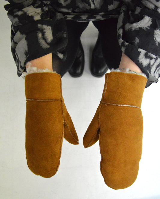 Shearling Mittens: Real Camel Sheepskin Fur Gloves