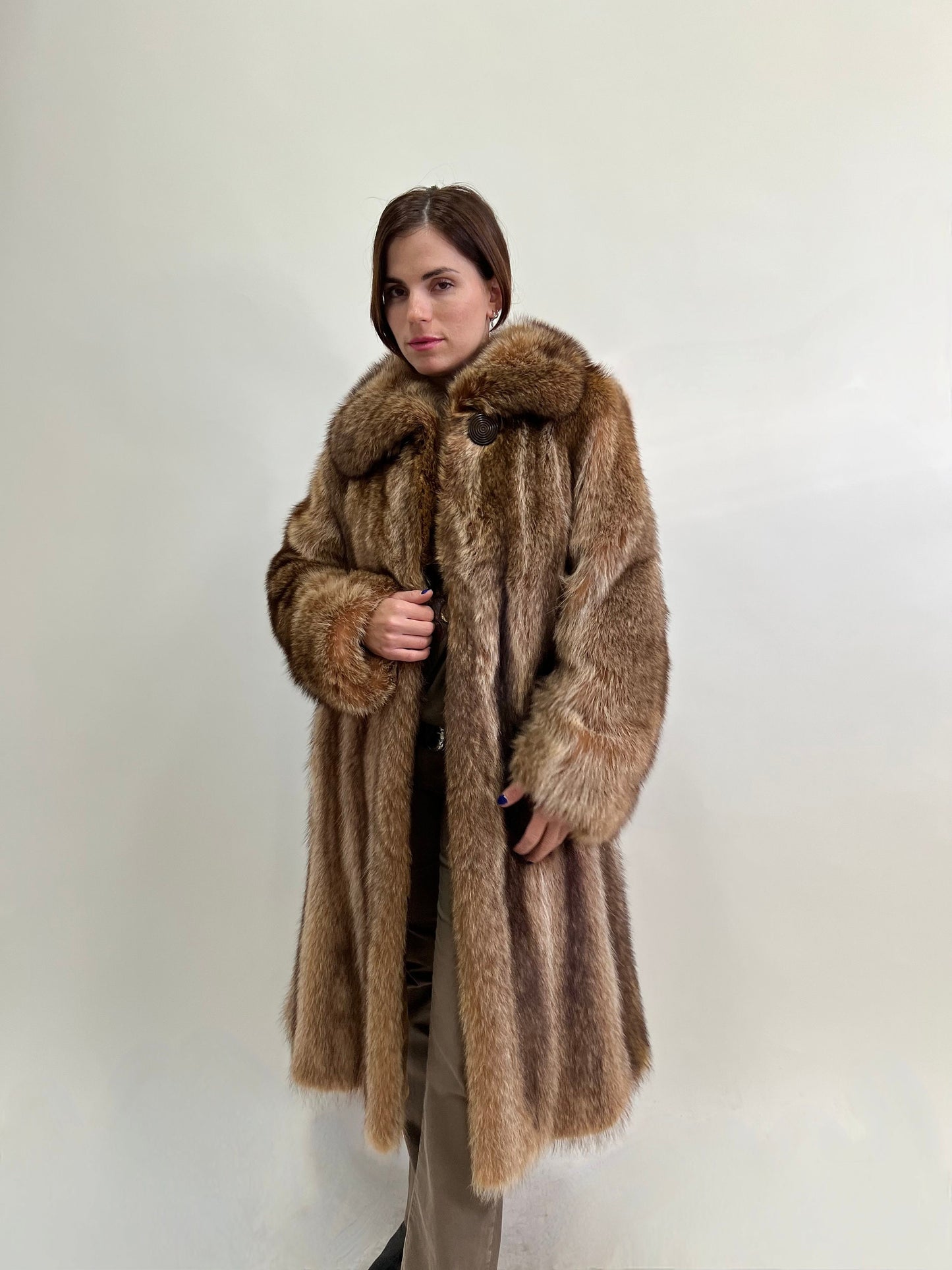 Real Crystal Raccoon Fur Coat: Tan Brown Full Length Godet, Big Collar