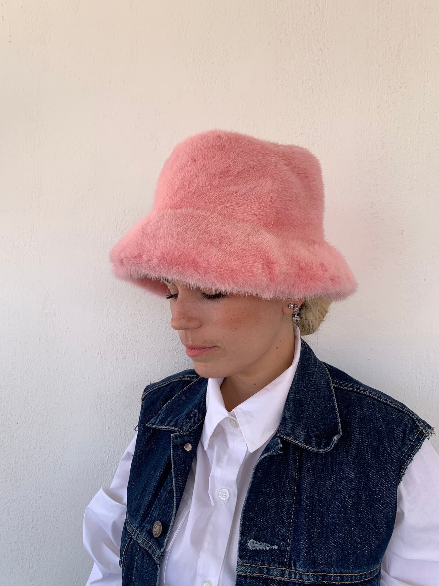 Pink Mink Fur Bucket Hat: Handmade Padded Winter Warmer