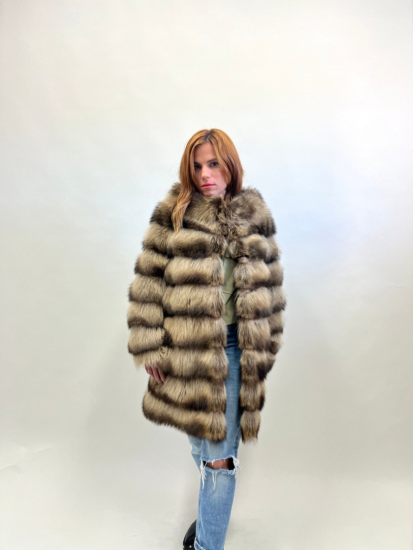 Real Raccoon Fur Coat: Beige Brown Horizontal Sheared Trim size Small.