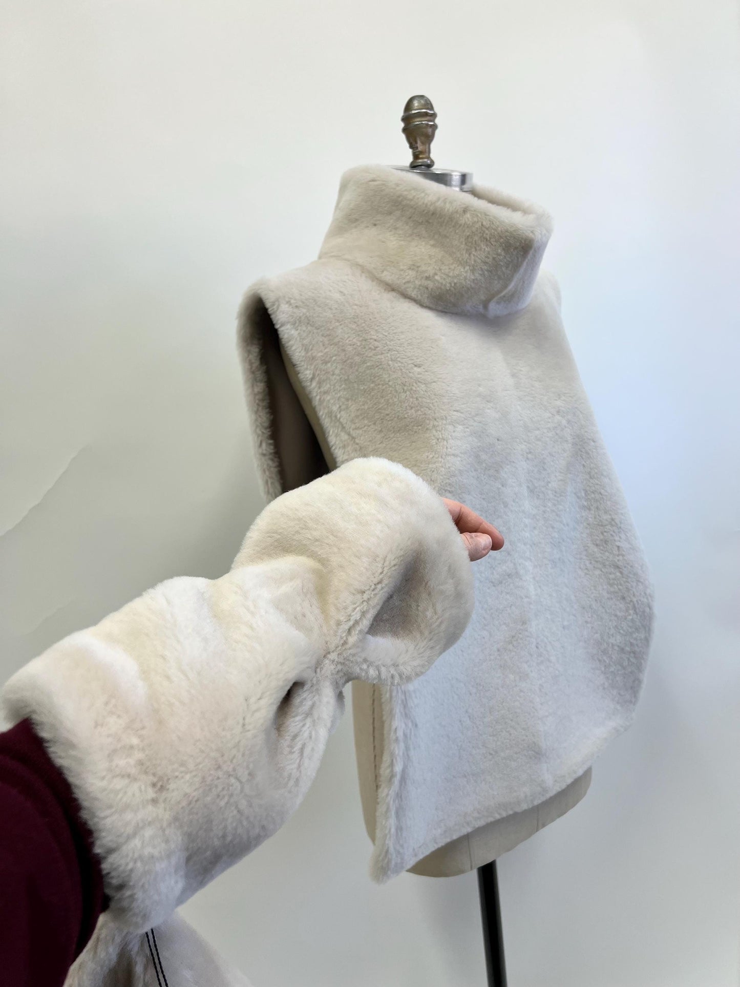Turtleneck  warmer Shearling Shawl Poncho: Off White Fur with Cuffs