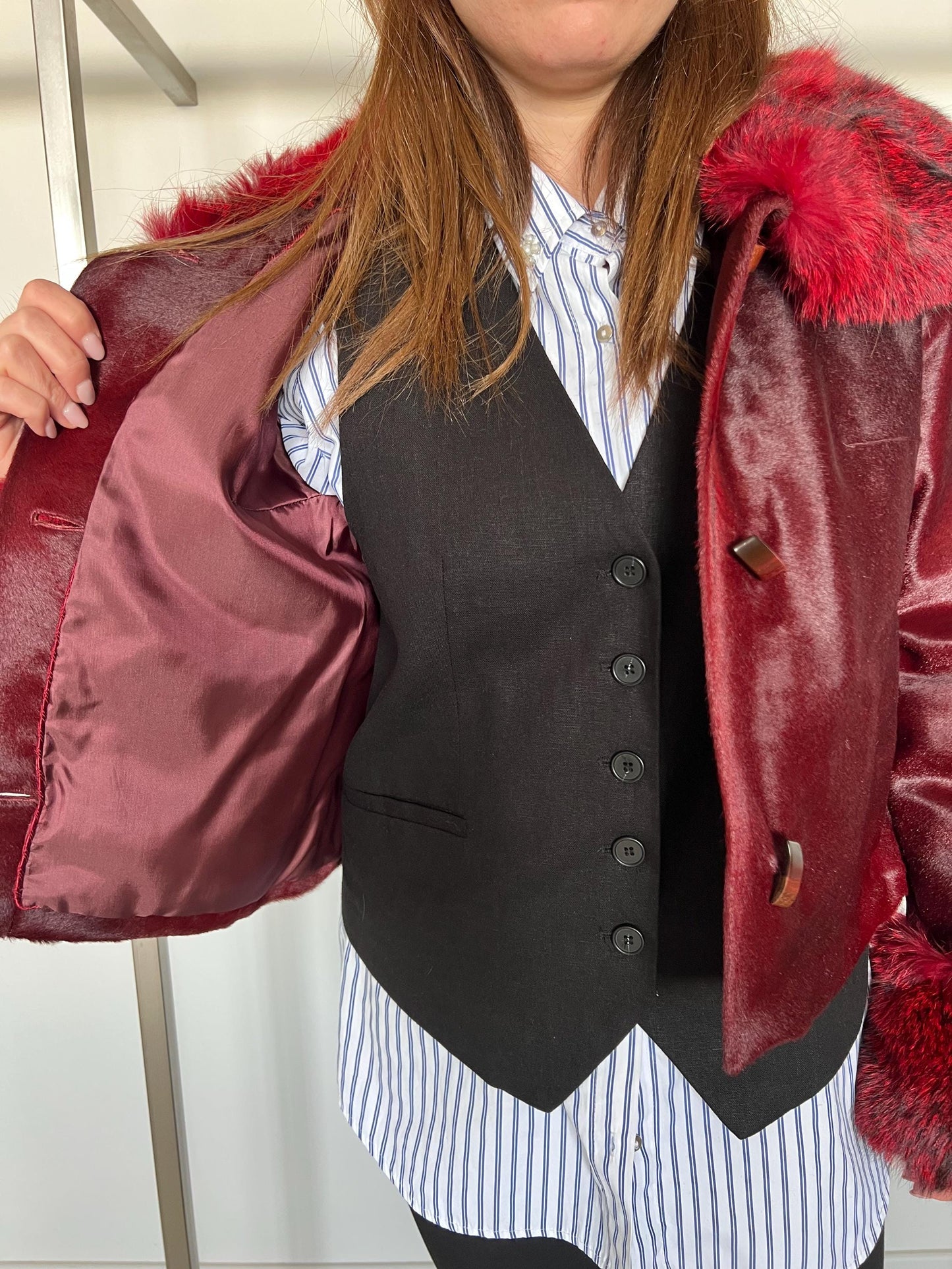 Genuine Cherry Leather Jacket: Hair-On Hide, Fox Fur Trim