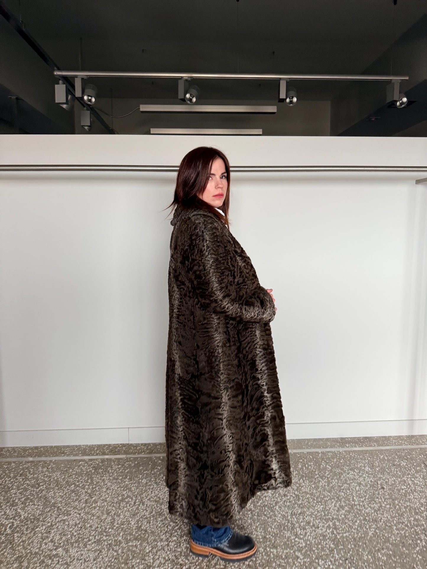 Handmade cross Swakara Curly Fur Coat – Extremely Warm Sheepskin brown Coat