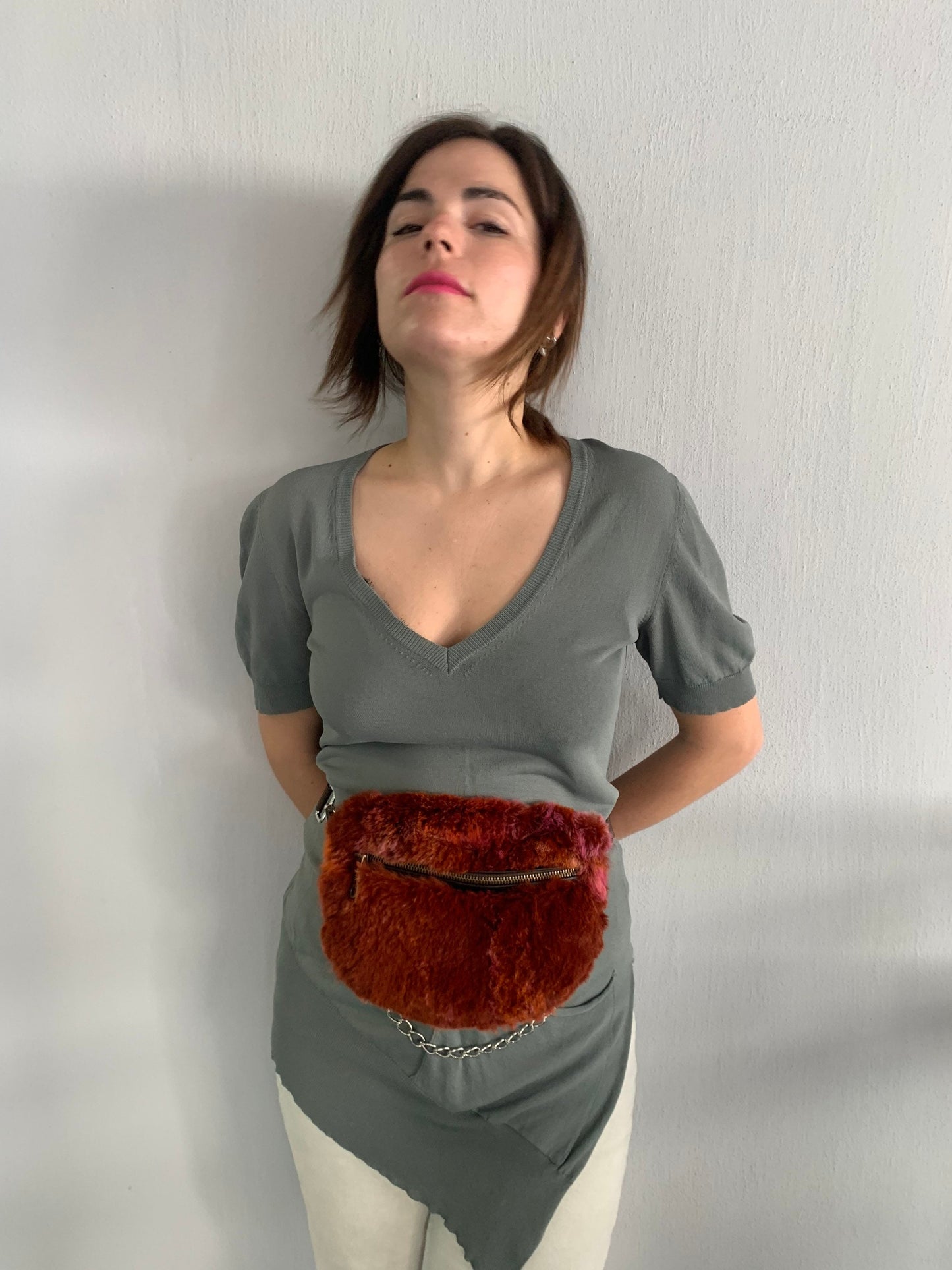 Terracotta Rabbit Fur Bumbag with Chain Strap