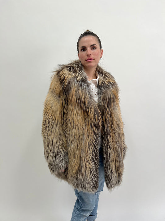Gold Cross Fox Fur Coat: High Collar Luxury Stroller