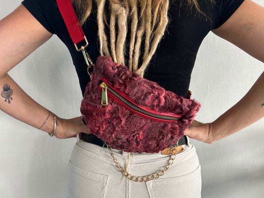 Red Lamb Fur Bumbag with Chain Strap: Luxury Fanny Bag