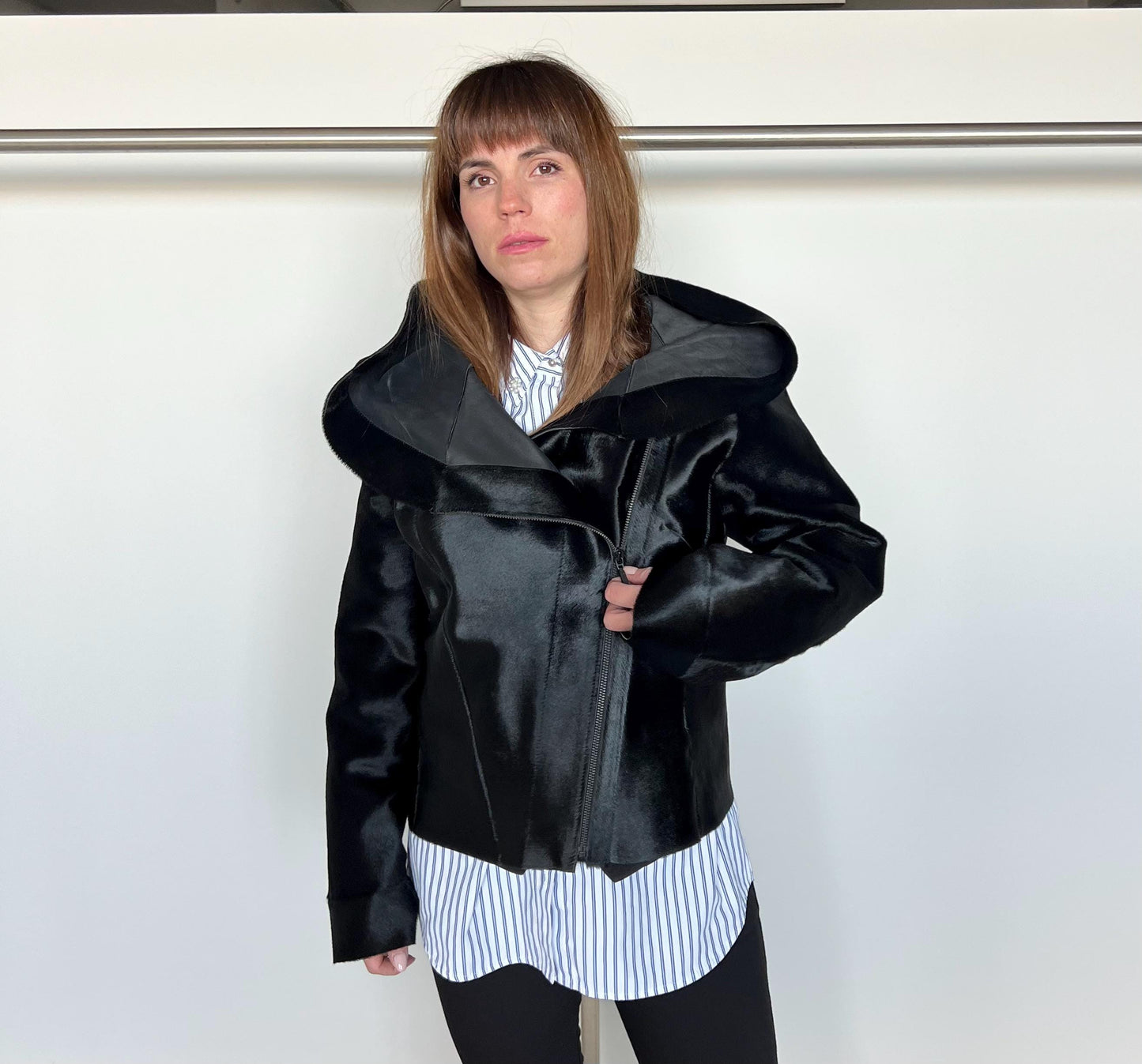 Genuine Hair-On Leather Coat: Black Cavallino Calf Jacket with Hood