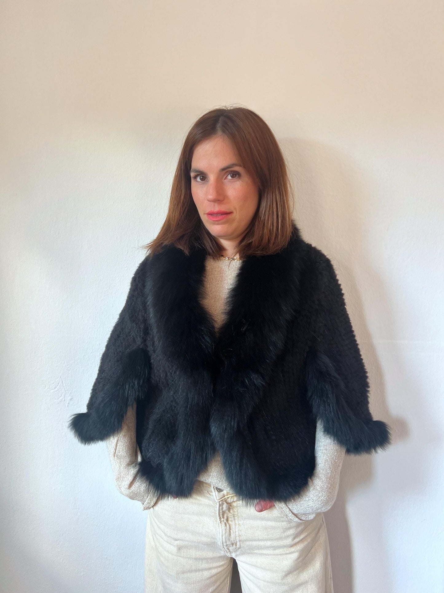 Handwoven Black Mink Fur Cape with Fox Trim - Made in Greece