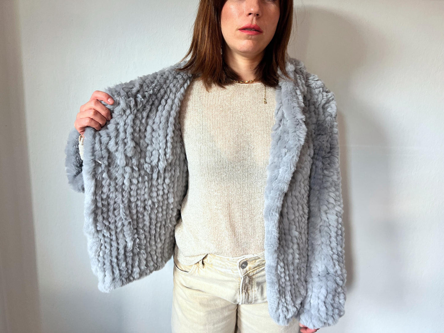 Light Grey Rabbit Fur Hooded Jacket: Handwoven, Frog Closure