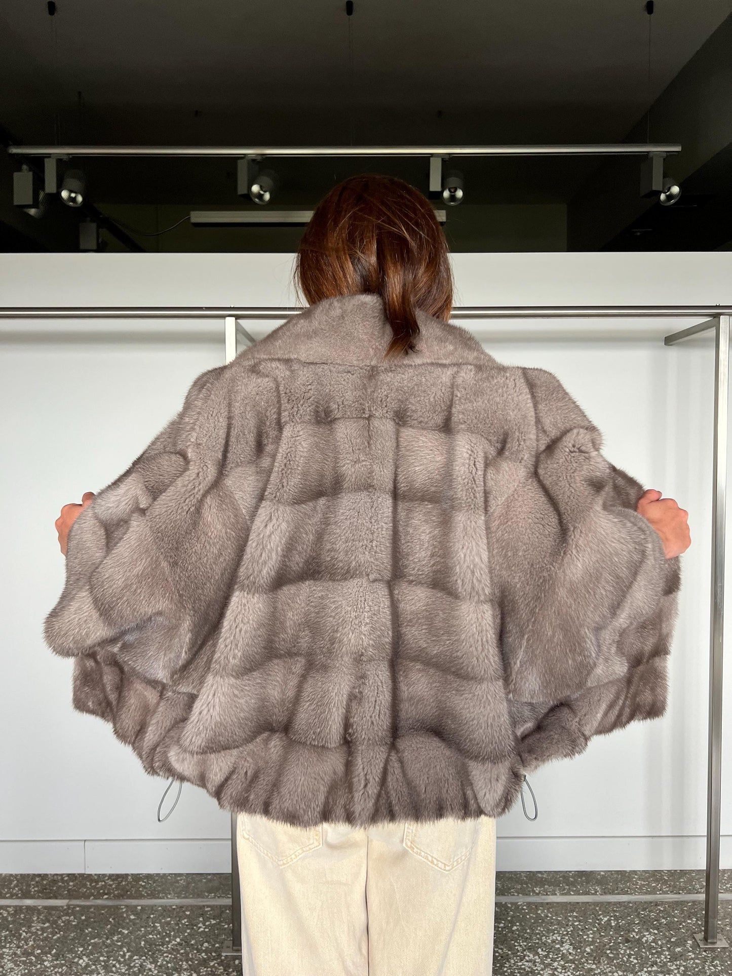 Handmade Silver Blue Mink Fur Cape: Oversized Jacket, Stand Up Collar
