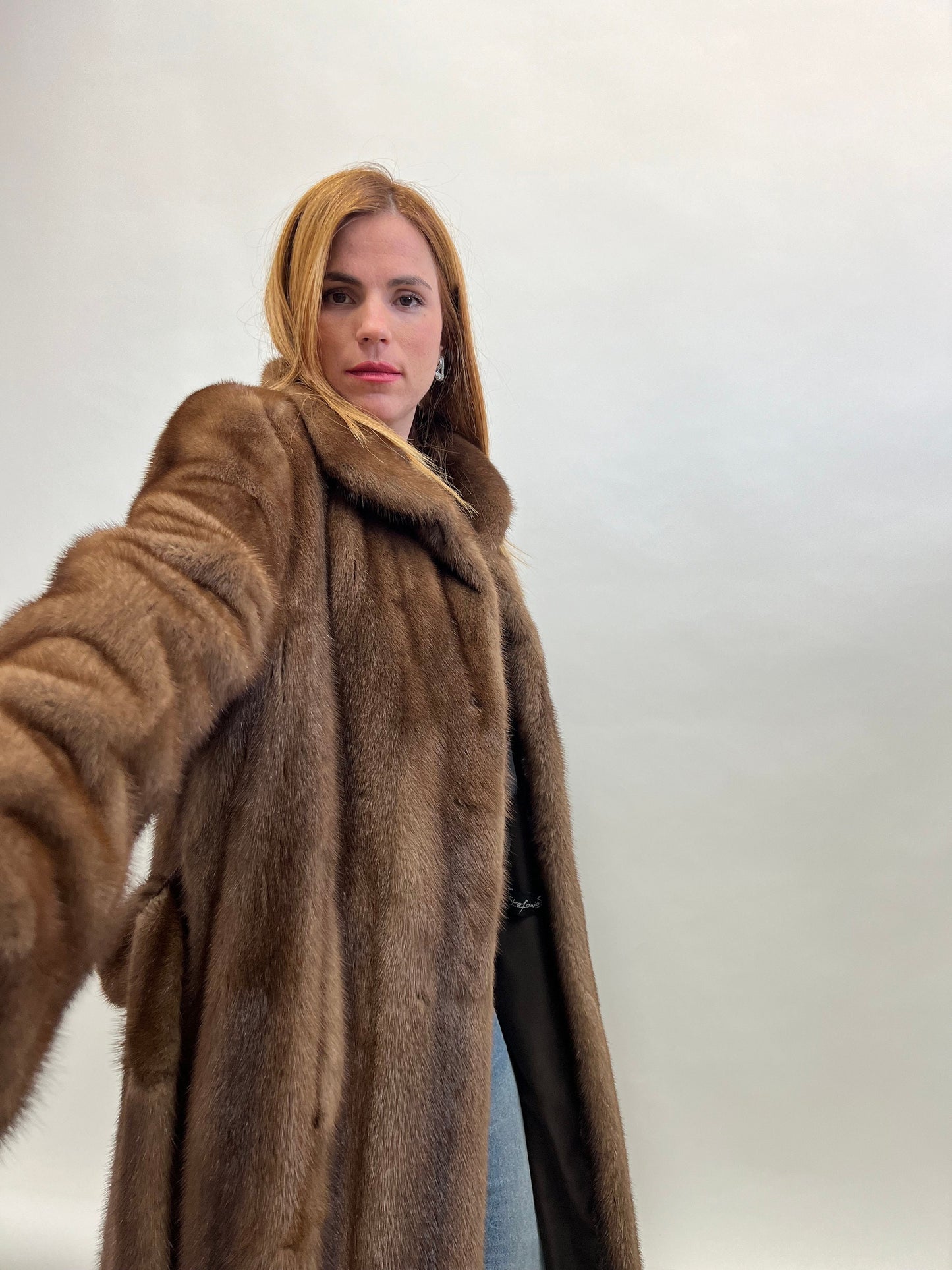 Handmade Demi Buff Mink Fur Coat: Long Collared Stroller, Medium/XLarge