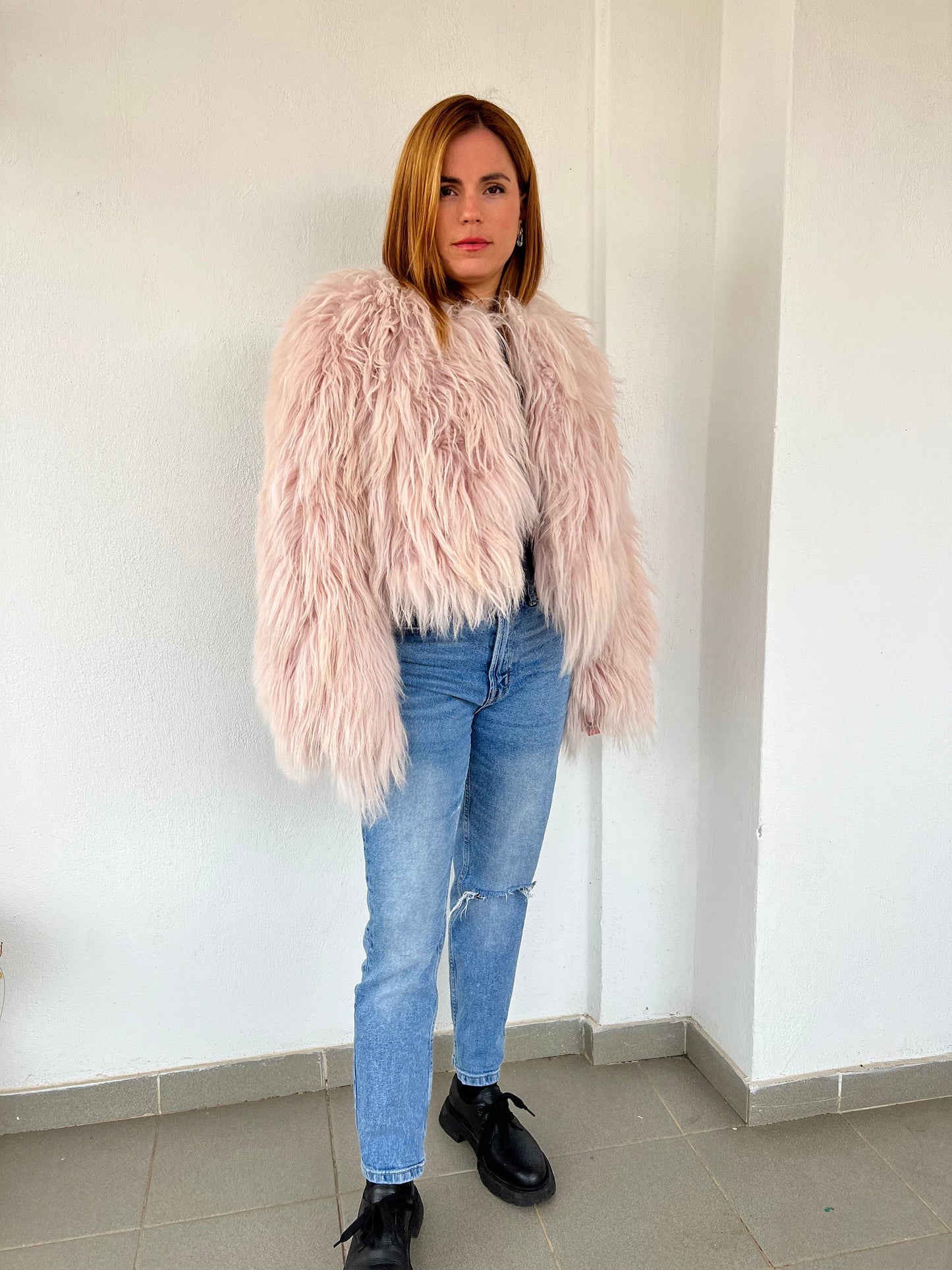 Handmade Mongolian Fur Jacket: Collarless Dusty Rose Sheepskin