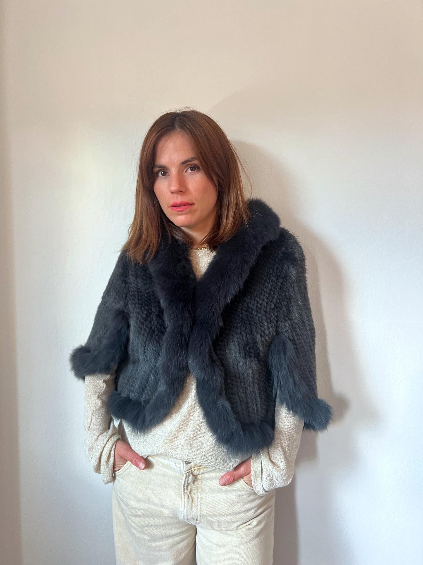 Handwoven Mink Fur Cape: Midnight Blue Fox Trim Jacket