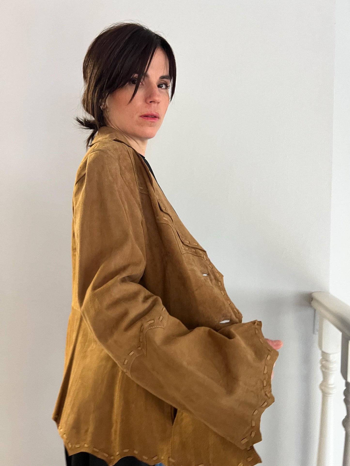 Handcrafted Suede Leather Cropped Jacket: Camel Unlined Blazer
