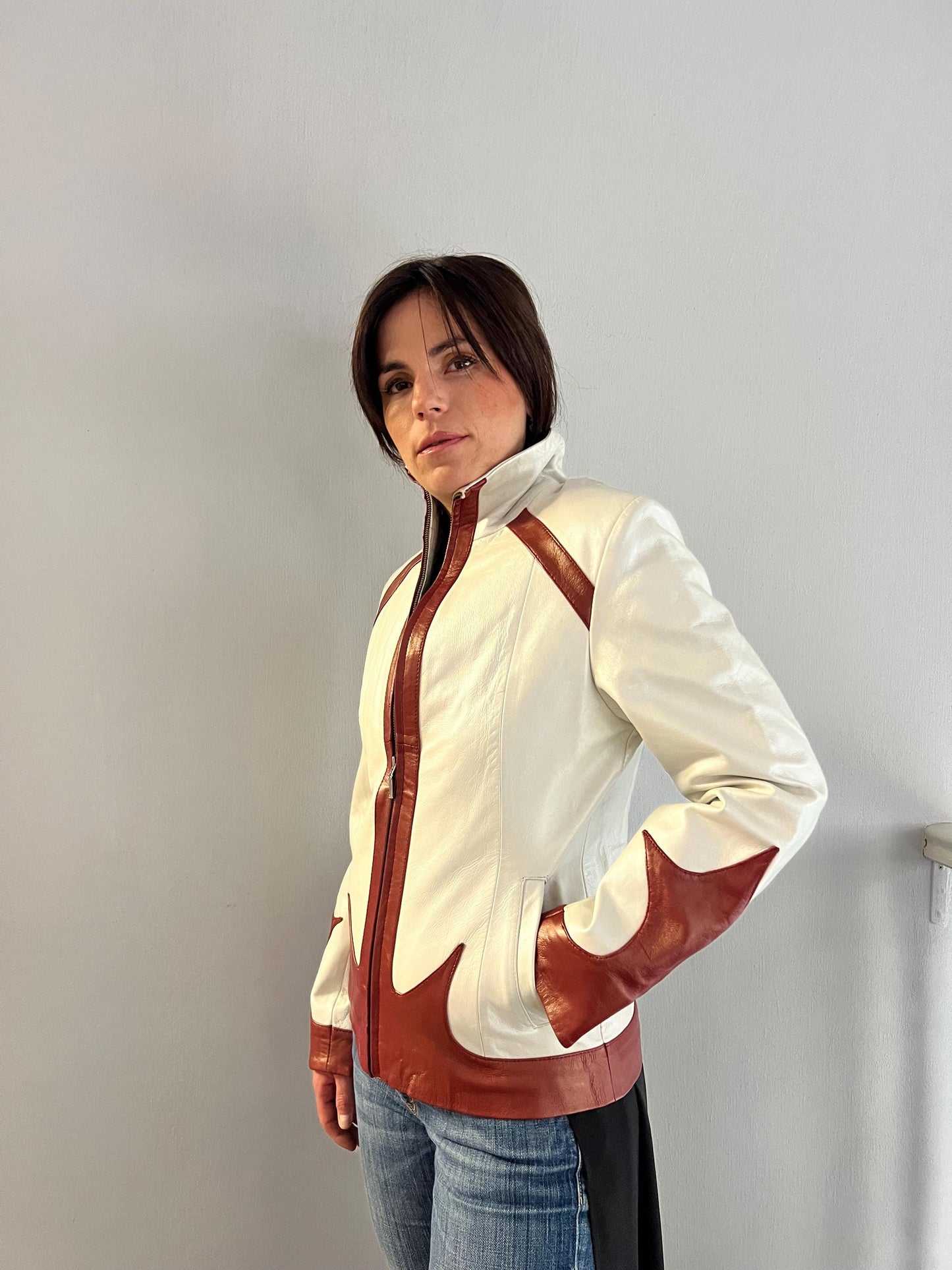 Handmade Lambskin Leather Jacket: Cream White Nappa with Bordeaux Details (XS)