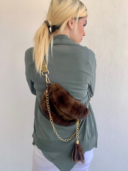 Real Mink Fur Bumbag: Tan Brown Fanny Pack with Chain