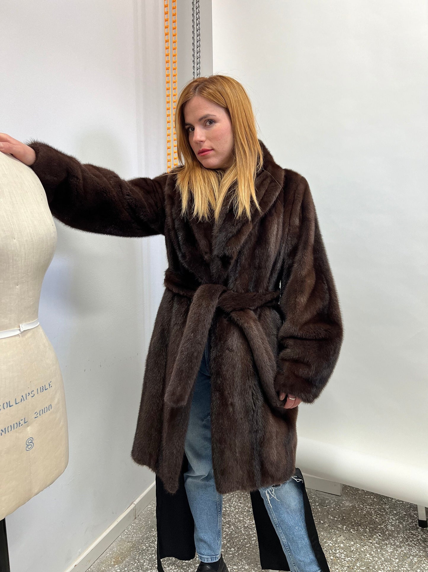 Choco Brown Mink Fur Coat: Big Collar Belted Stroller, Size Medium