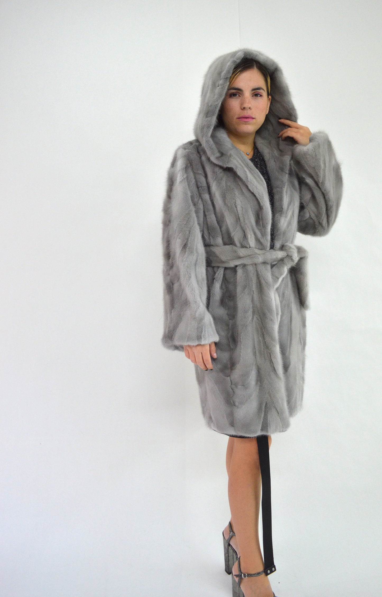 Sapphire Mink Fur Stroller Coat: Hooded Gray Mink Belted Jacket