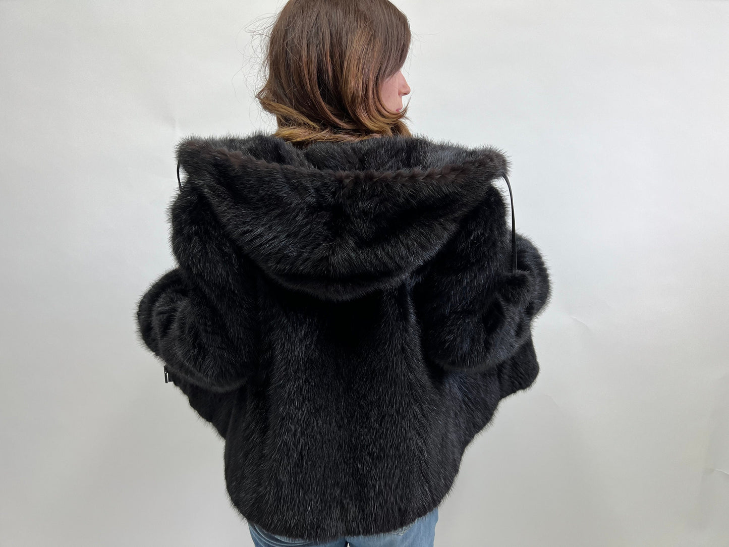 Real Mink Fur Hooded Bomber Jacket - Leather Trim, Size Medium