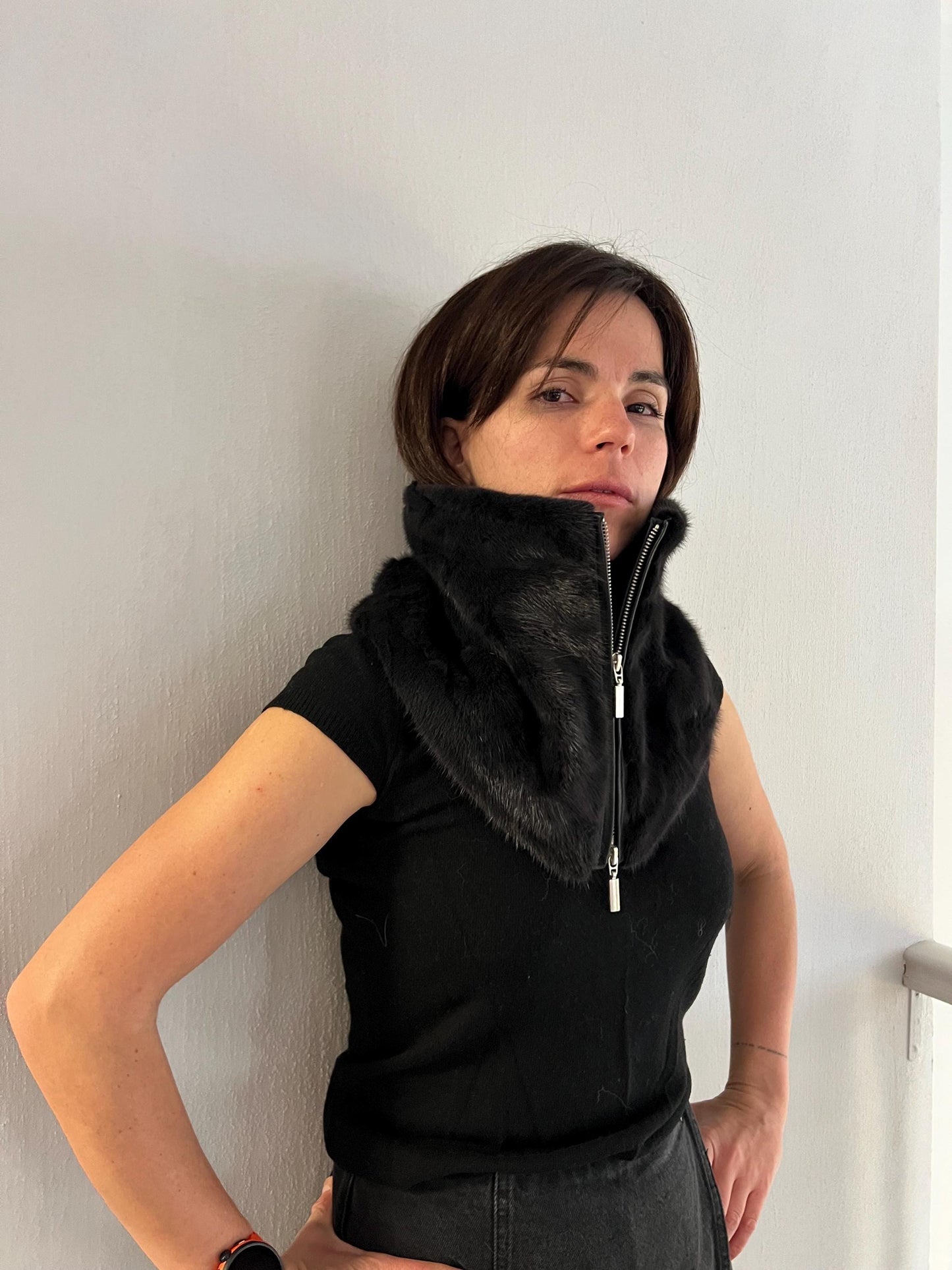BLACK Mink Fur Cowl: Zipped dark grey Leather Detail Infinity Scarf