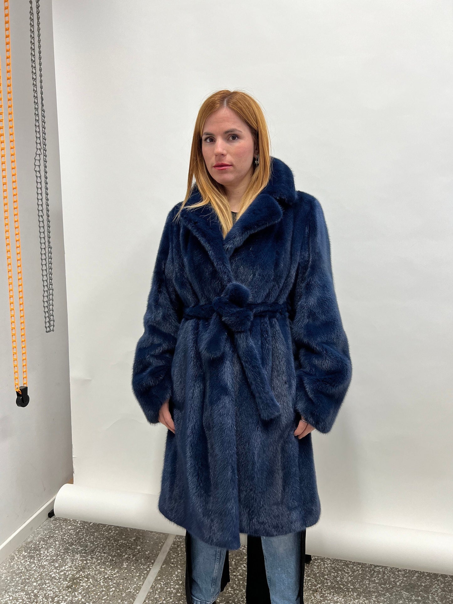Handmade Navy Blue Mink Fur Coat: Collared Belted Stroller, Large