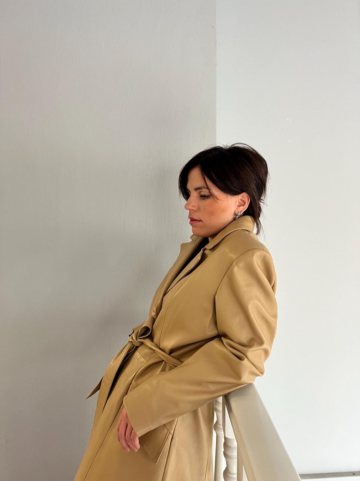 Handmade Nappa Lamb buttery  Leather Coat: Genuine Camel Leather Tie-Wrap, Made in Greece