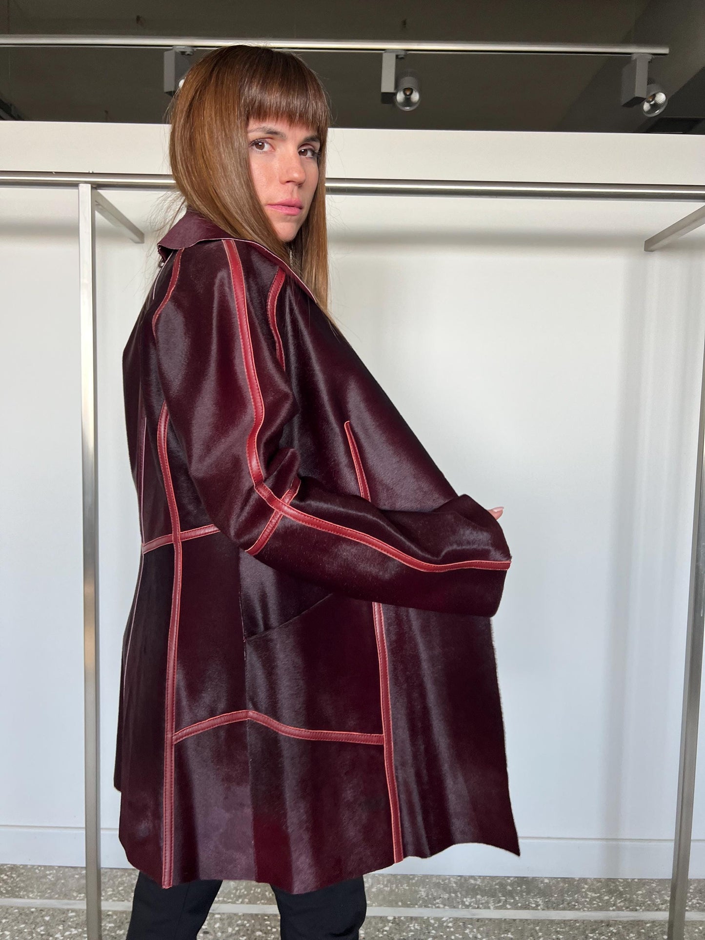 Burgundy Pony Hair Leather Coat - Handmade Calf Hide