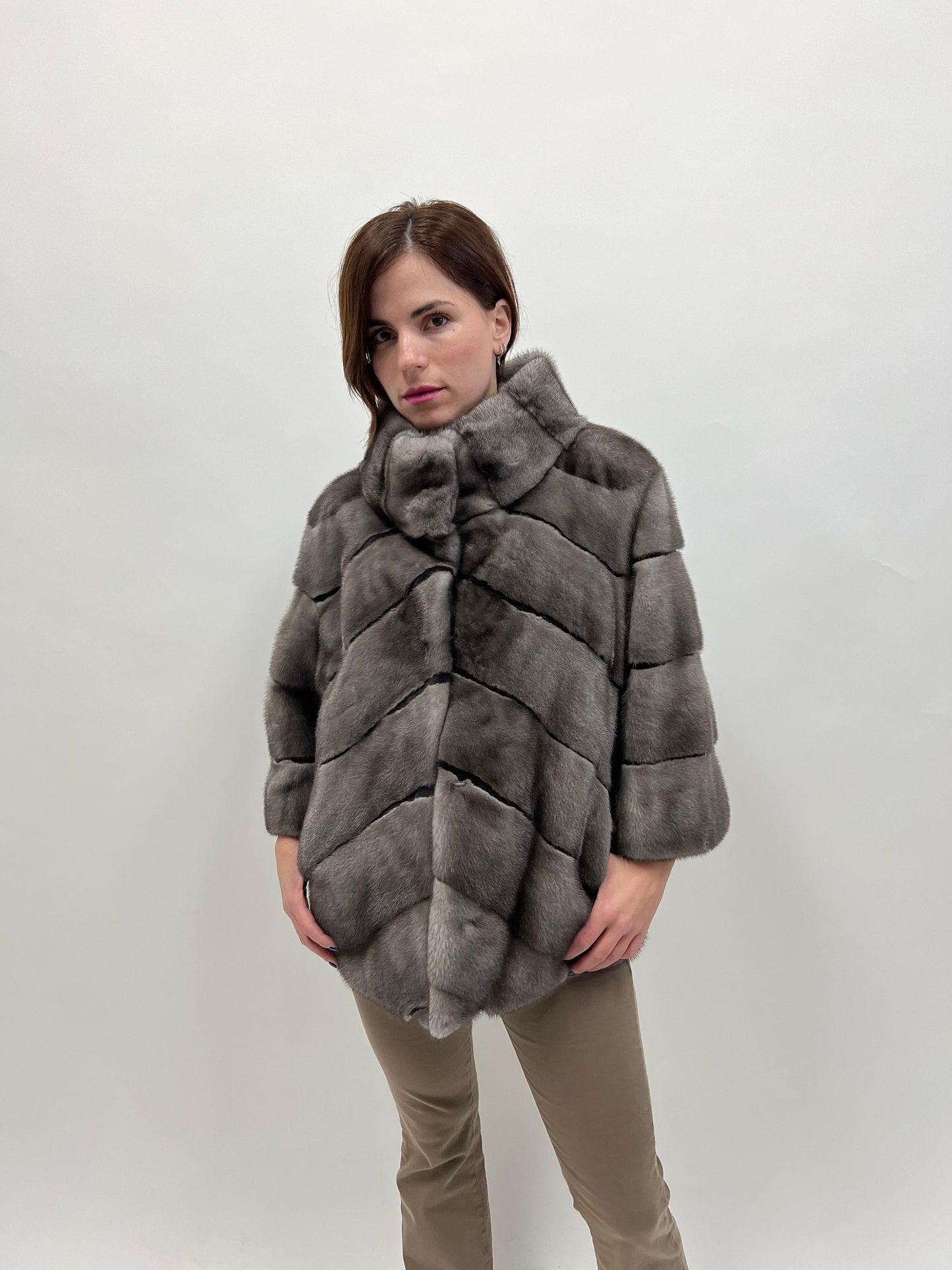 Blue Iris Mink Fur Coat with Sheared Black Stripes
