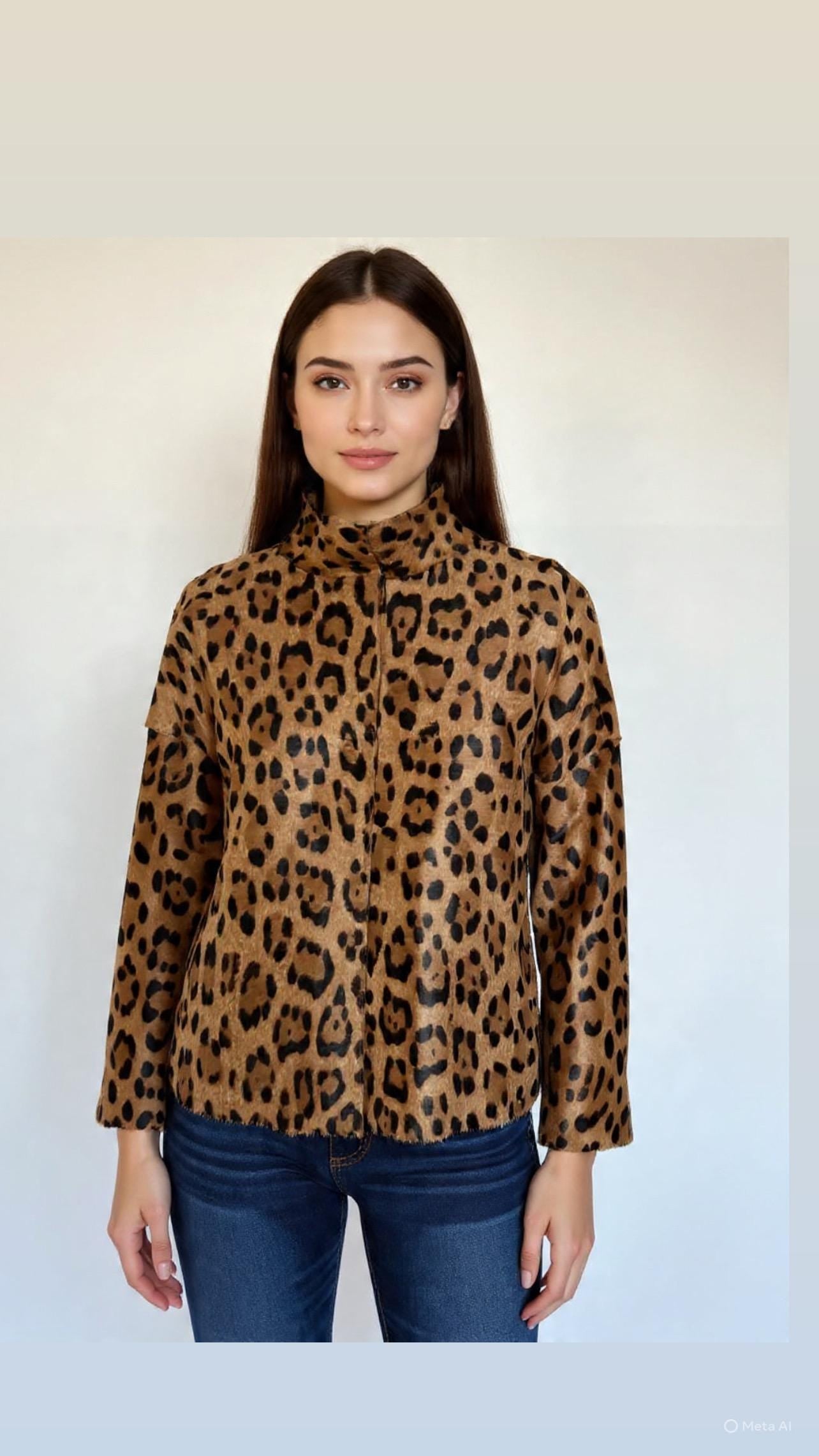 Cheetah Print Calf Fur Leather Biker Jacket: Handmade in Greece