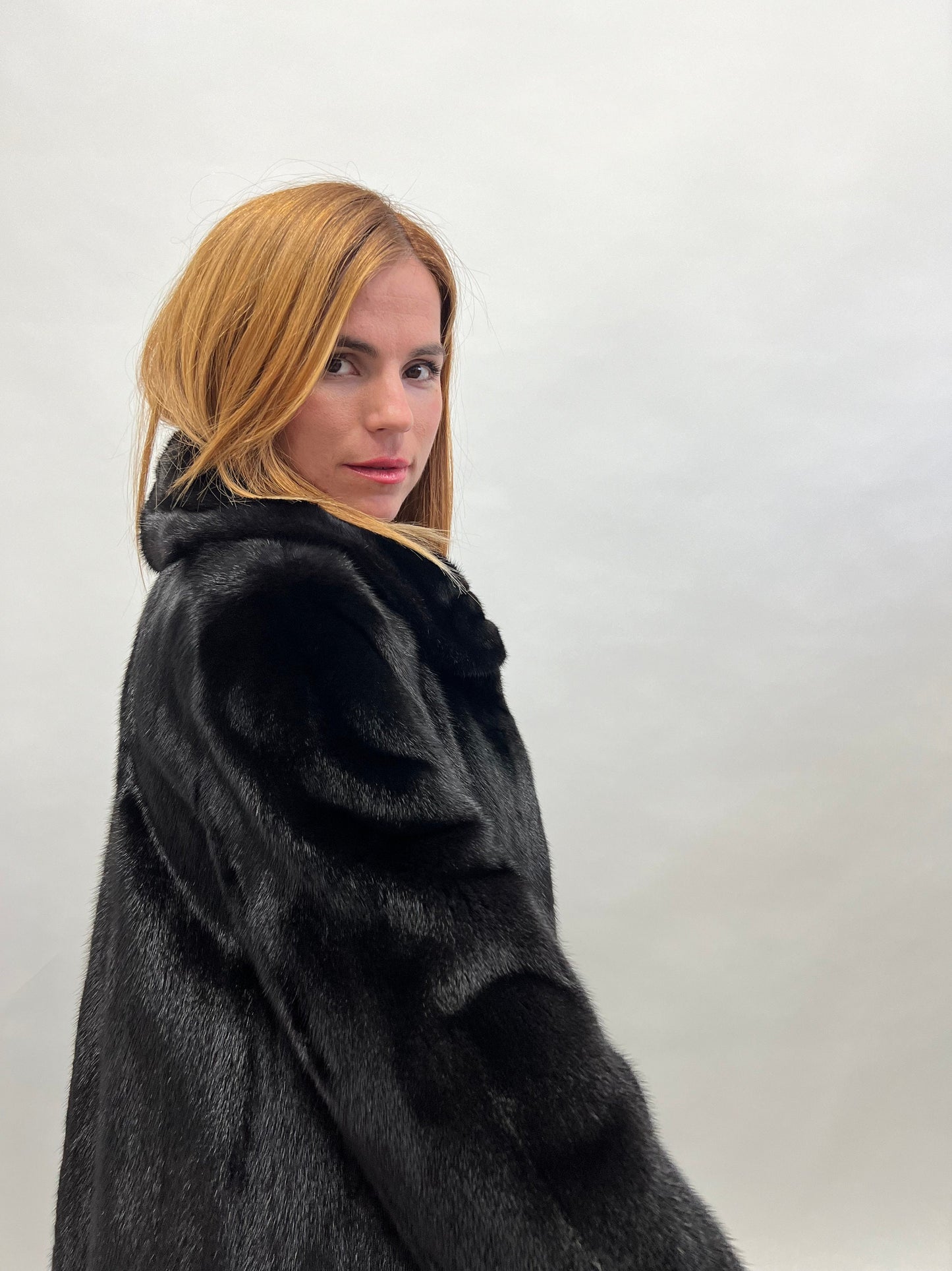 Black Saga Mink Fur Coat, Luxury Texture, Hooks Closure