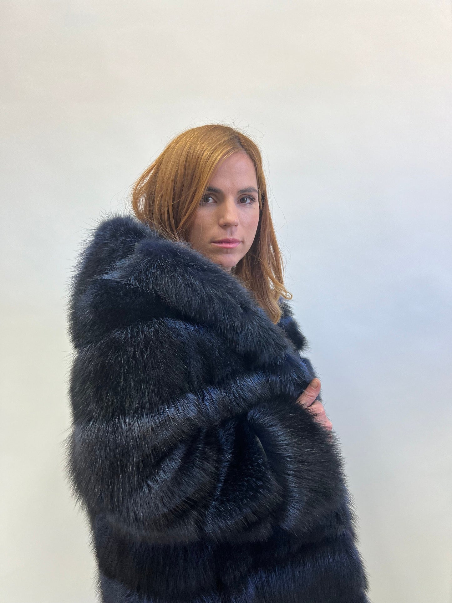 Genuine Blue Raccoon Fur Hooded Jacket: Leather Trim, Size Small