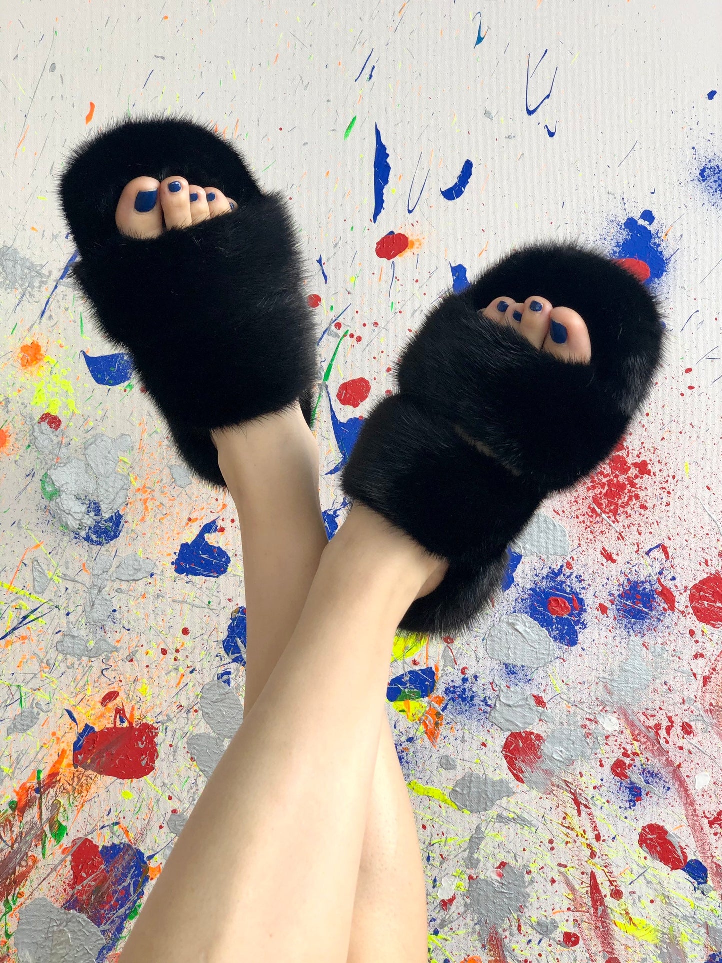 Black Mink Fur Slides: Luxury Rubber Slippers