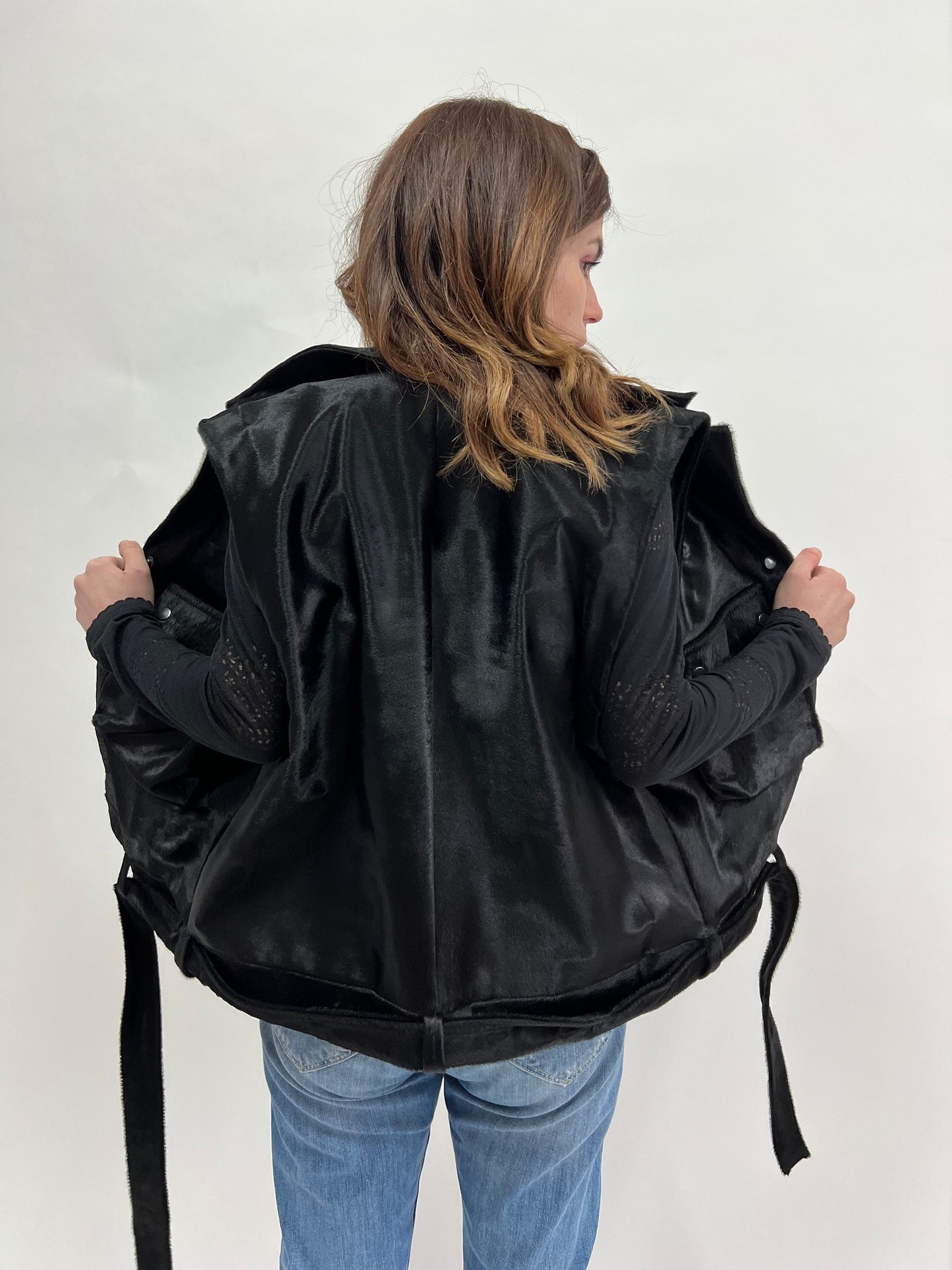 Genuine Hair-On Calf Hide Vest: Utility Leather Vest with Belt