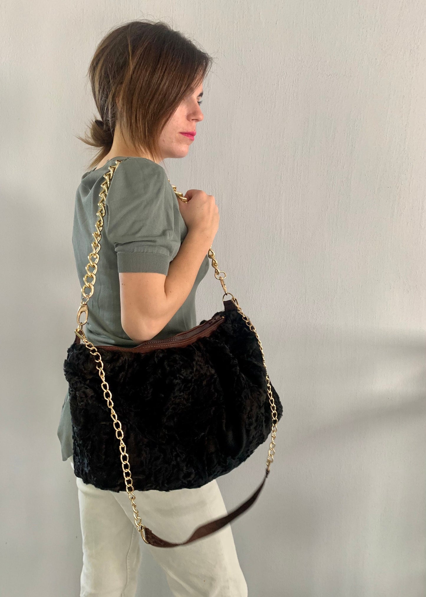 Lamb Fur Slouchy Shoulder Bag: Brown Cloud Pouch with Bronze Straps