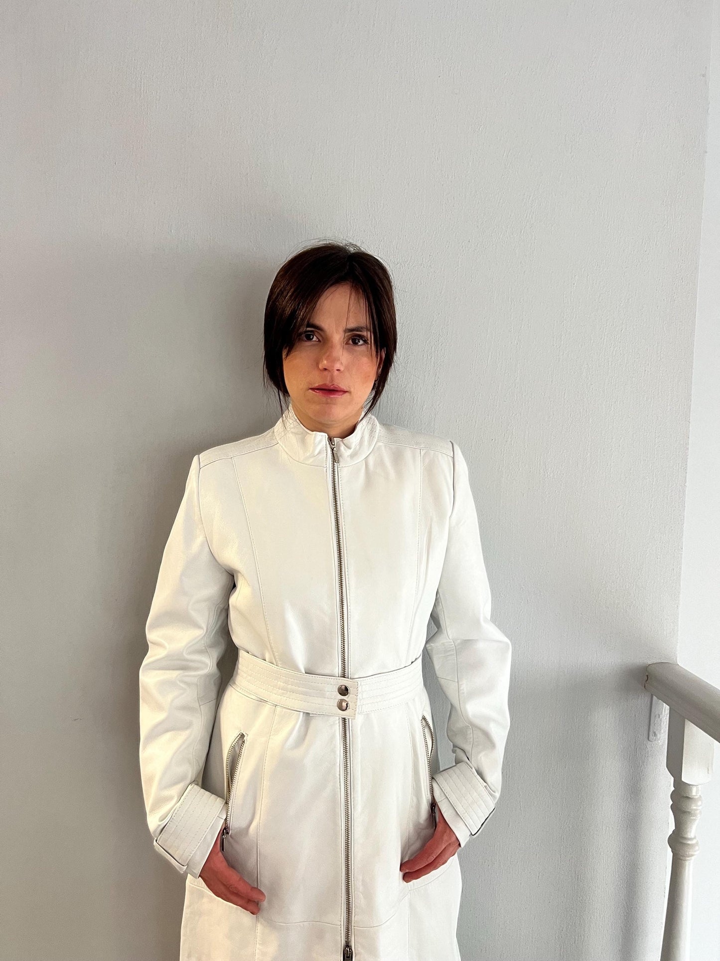 White Nappa Lambskin Leather Coat - Handmade Belted Zip Front