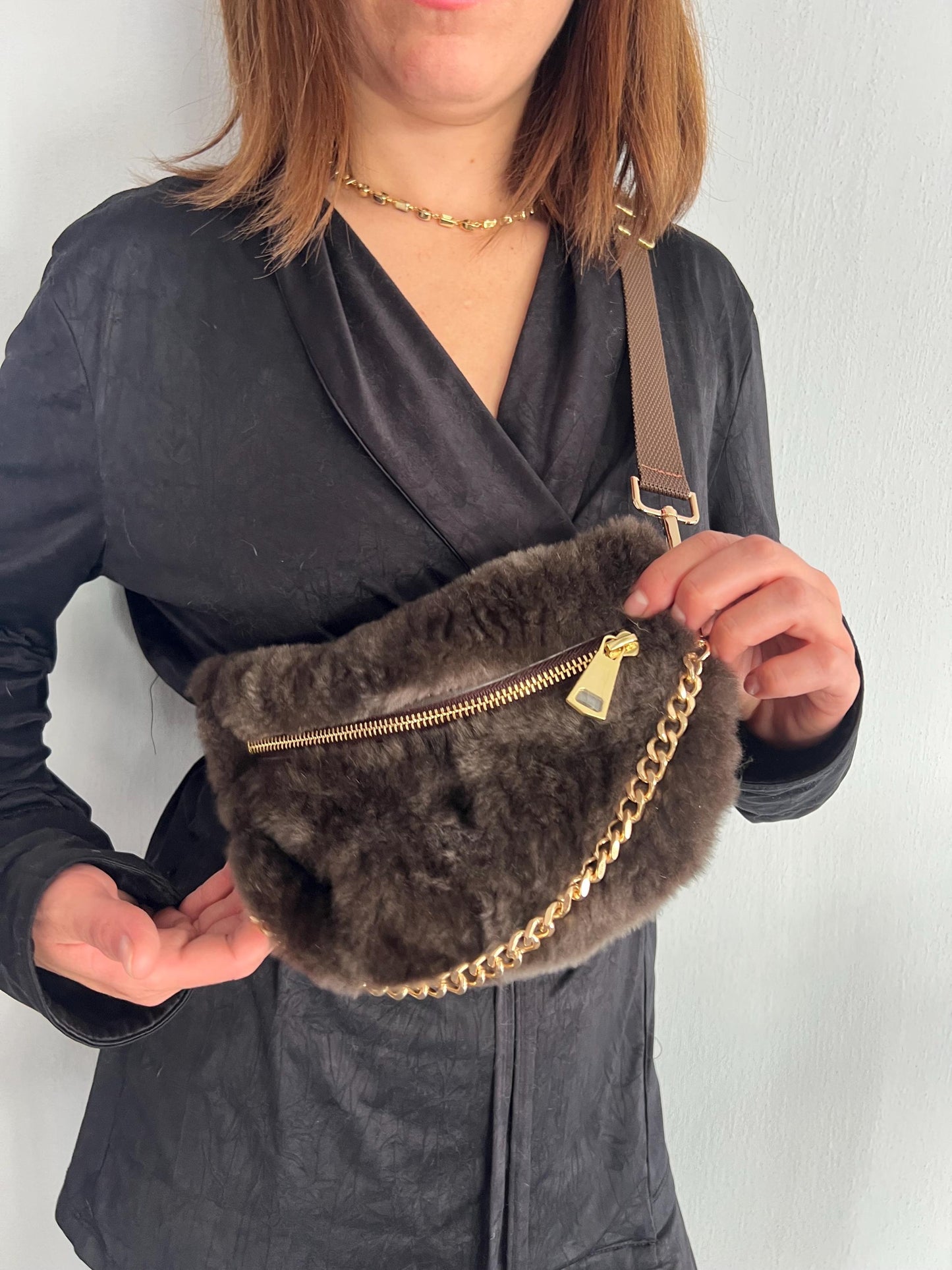 Rabbit & Mink Fur Bumbag with Chain: Convertible Waist, Shoulder or Back Bag