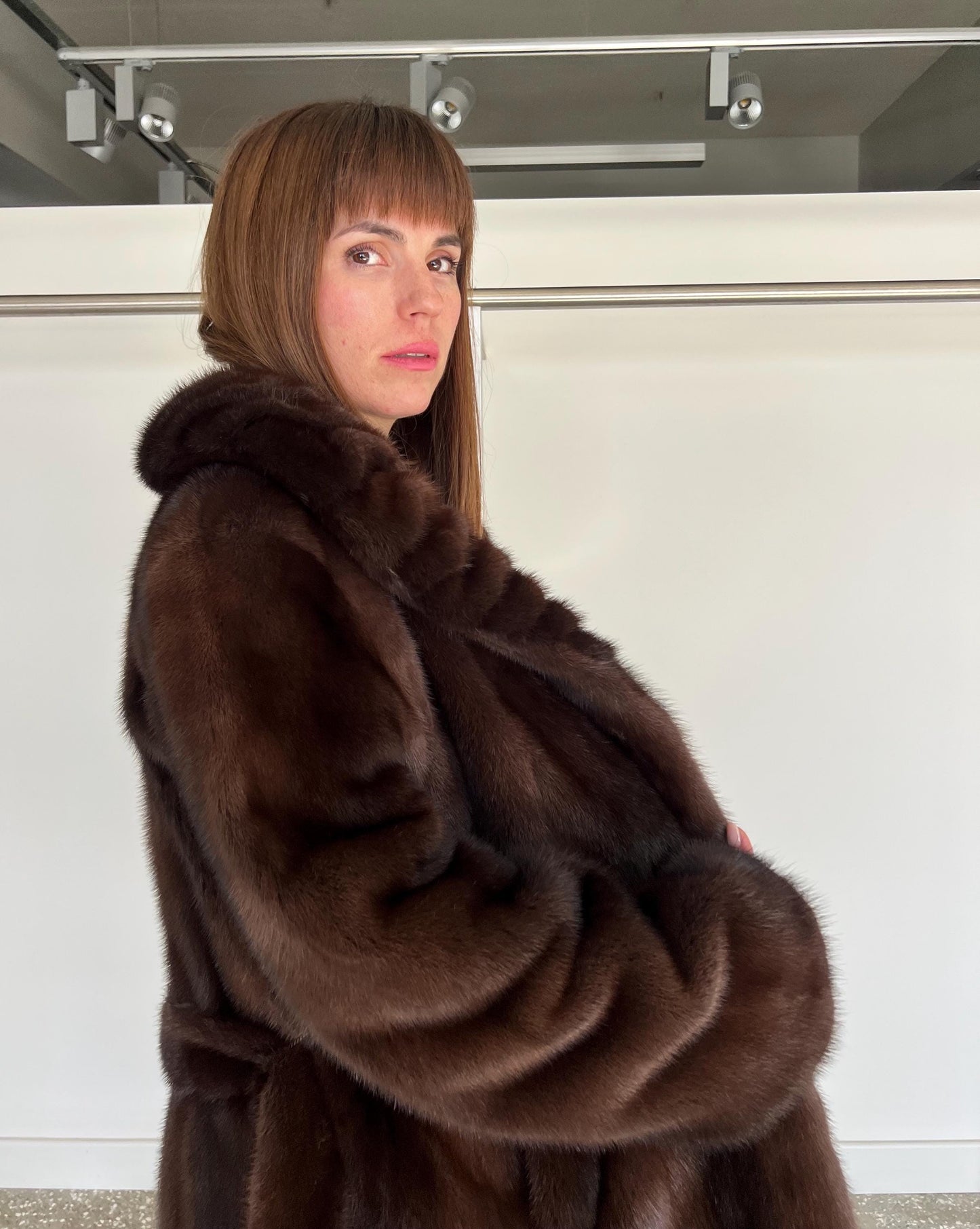 Choco Brown Mink Fur Coat: Big Collar Belted Stroller, Handmade in Greece