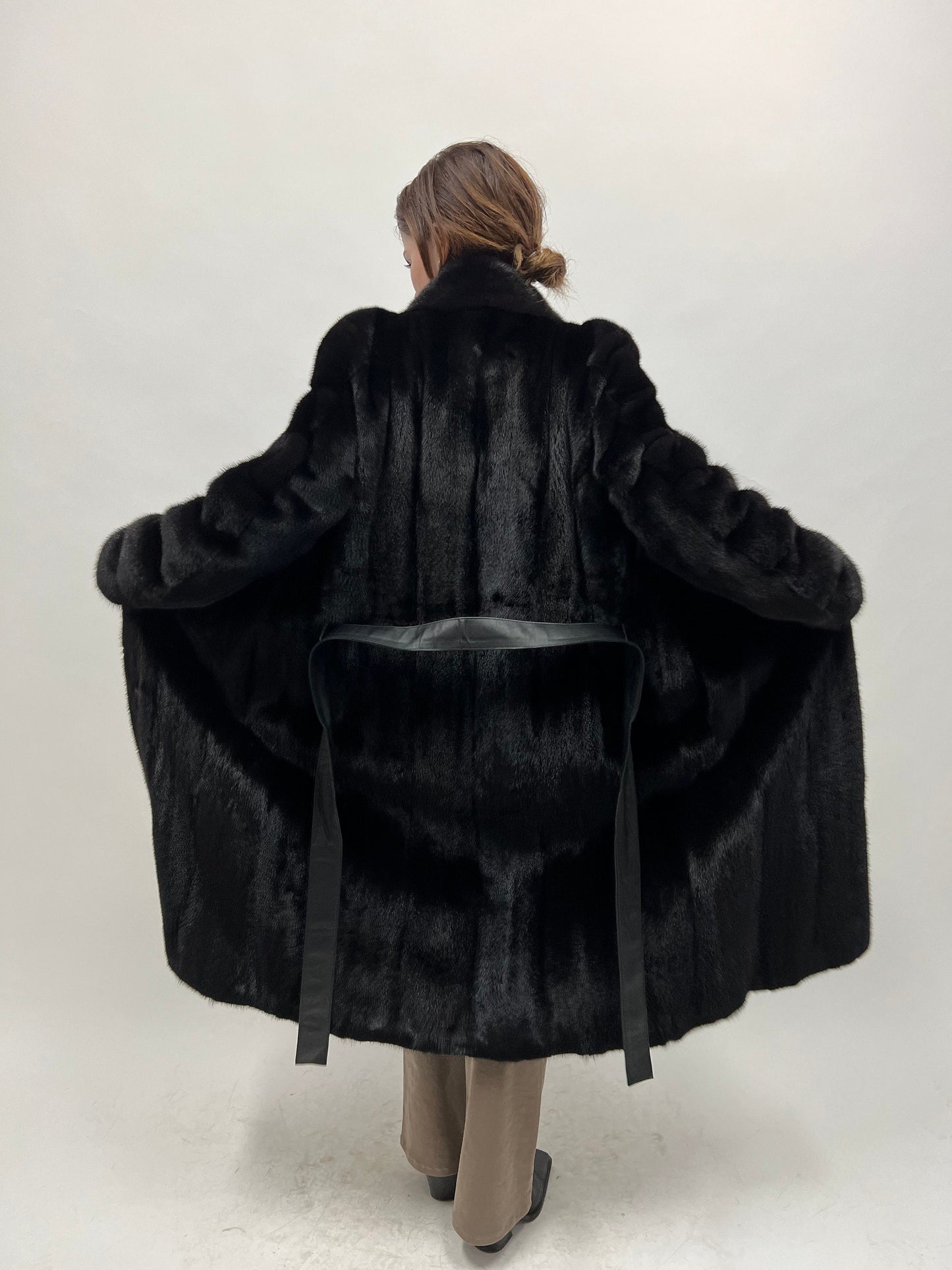 Black Velvet Mink Fur Coat: Nafa Leather Belt, Handmade in Greece