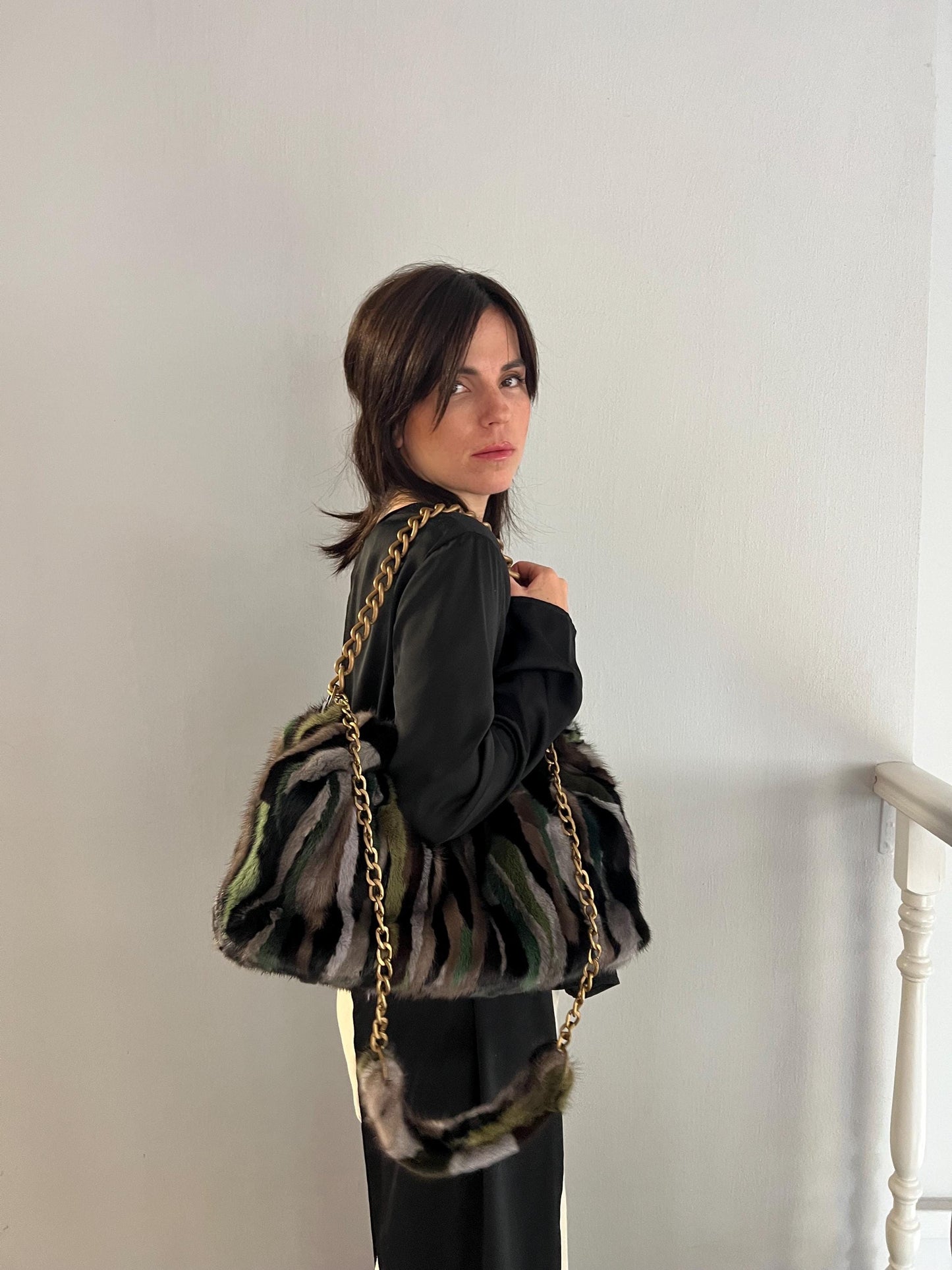 Handmade Mink Fur Slouchy Shoulder Bag: Luxury Cross-body Purse in army shades.