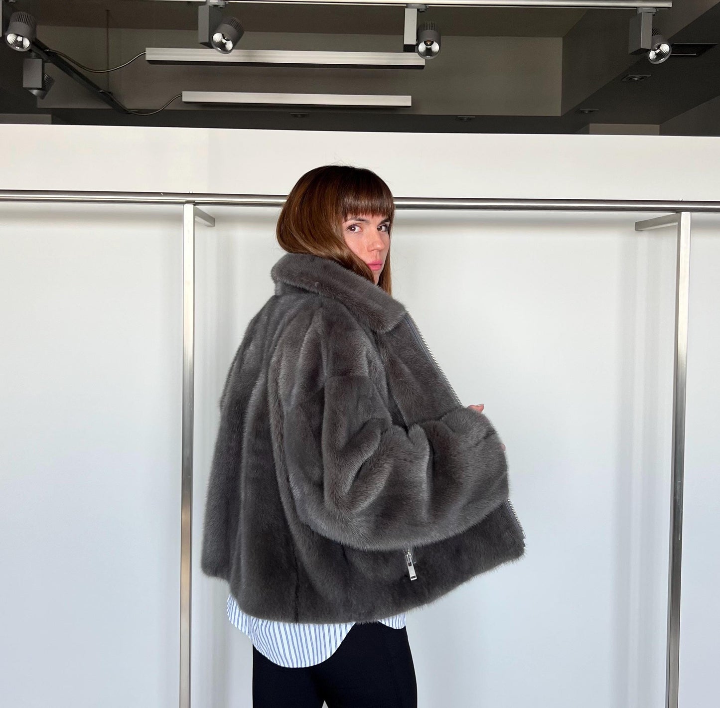 Grey Mink Fur Jacket: Copenhagen Pelts, Boxy Style, Size 2XL