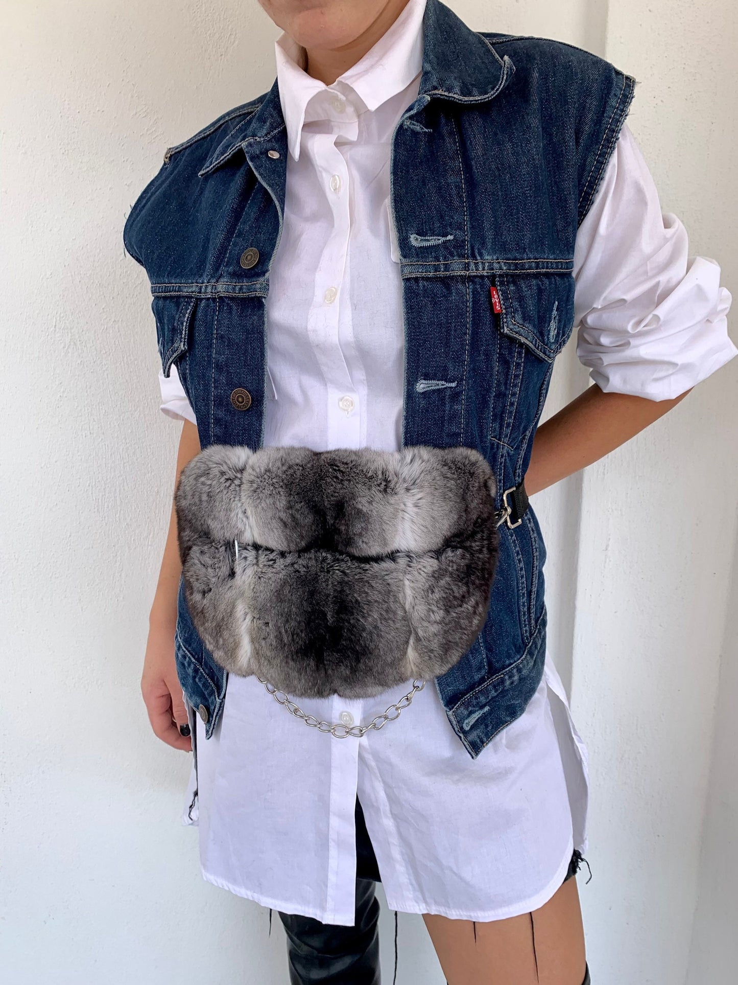 Real Rabbit Fur Bumbag: White Fanny Pack with Chain