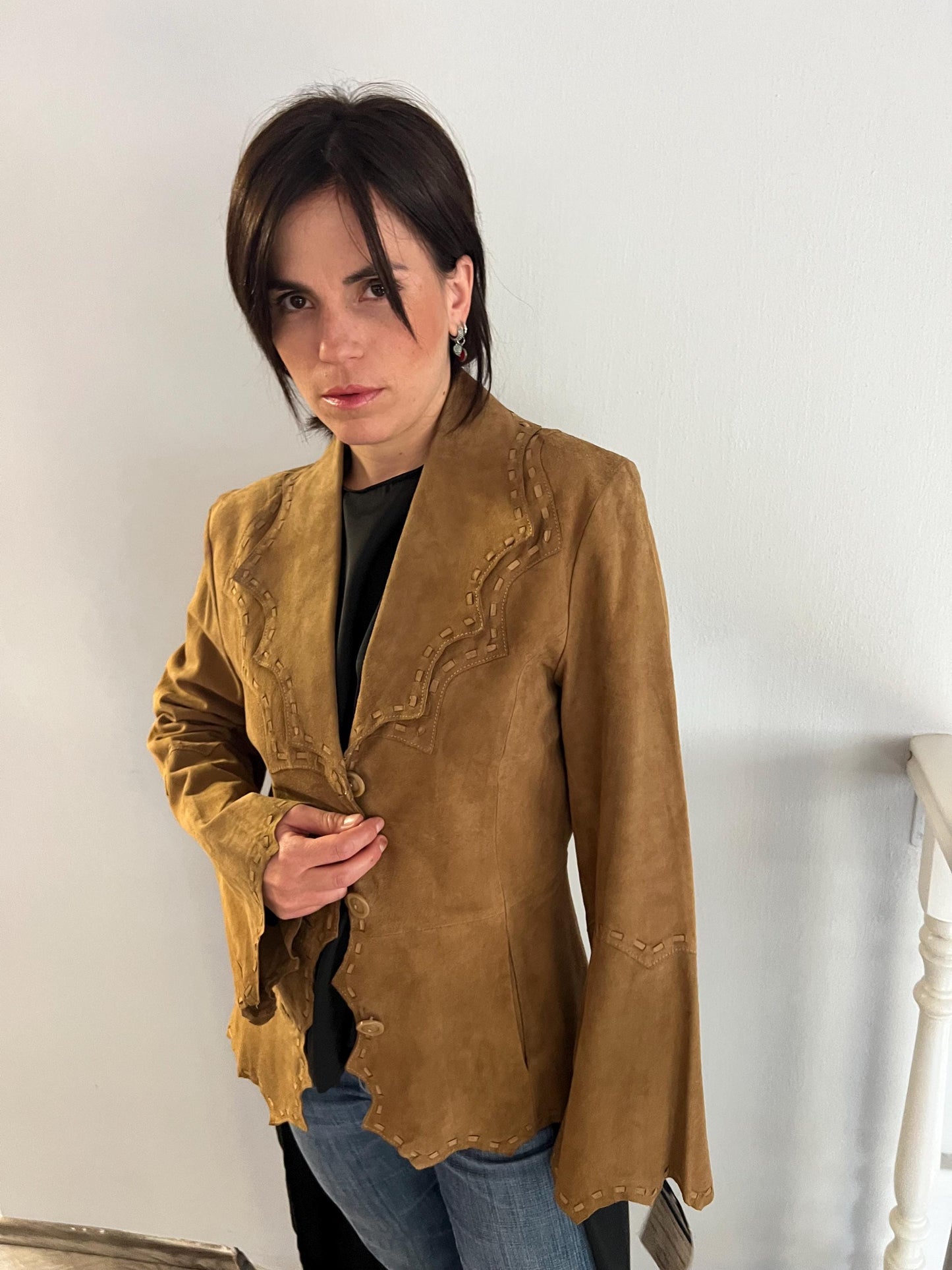 Handcrafted Suede Leather Cropped Jacket: Camel Unlined Blazer
