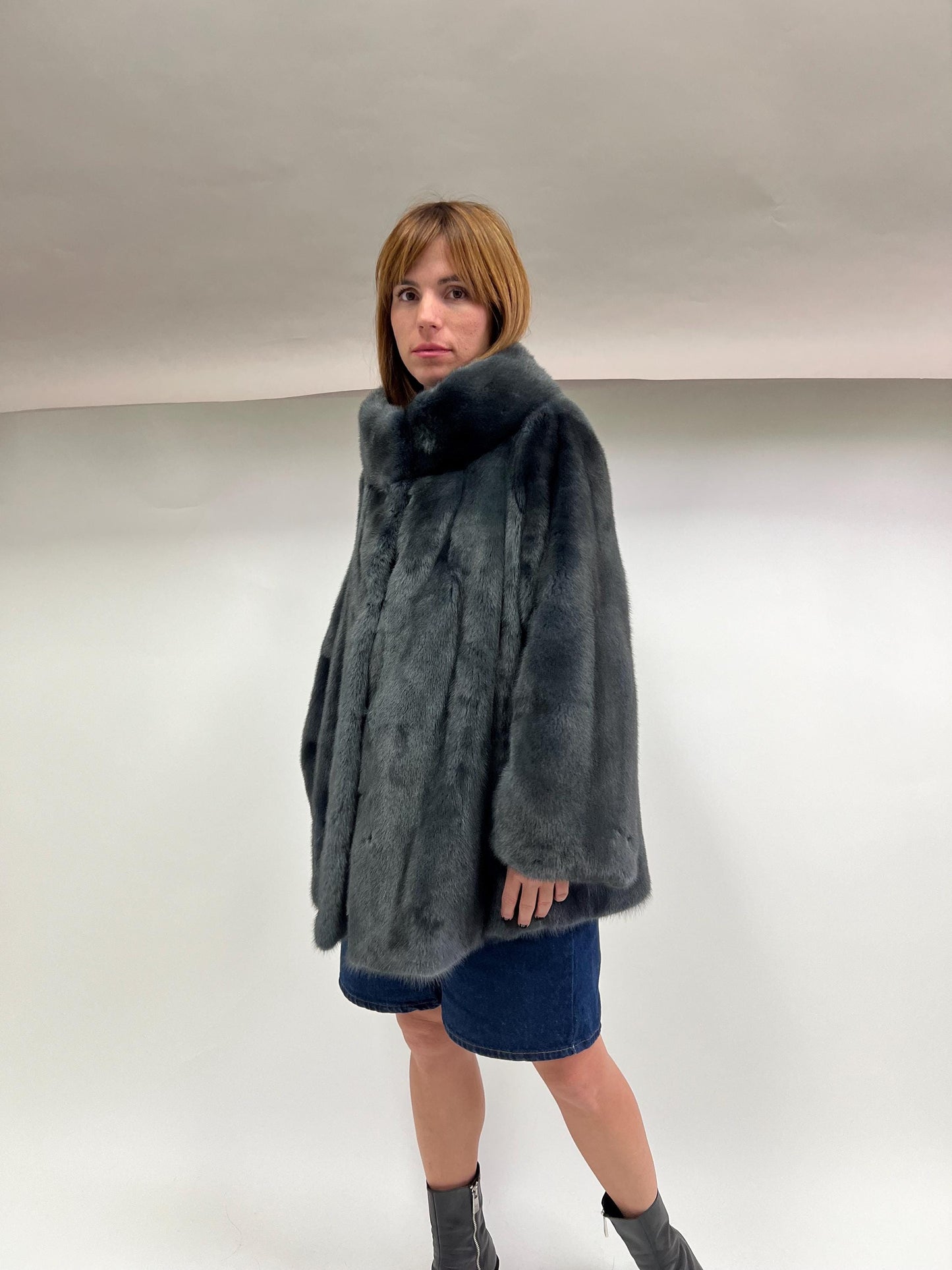 Saga Quality Petrol Mink Fur Jacket: Edgy Stand Up Collar