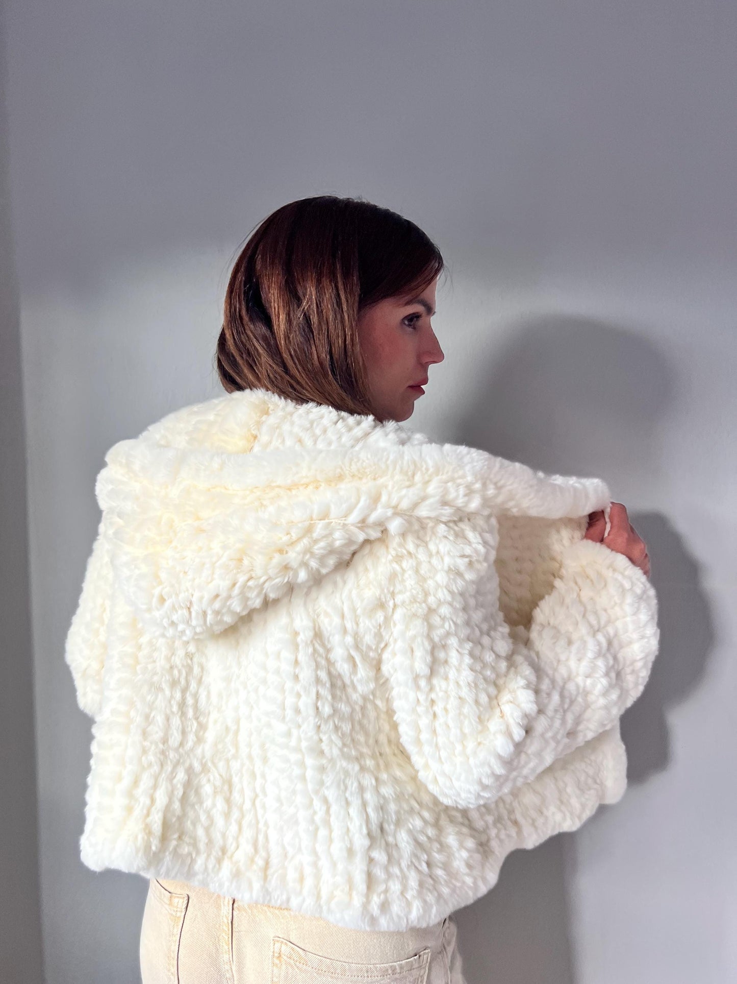 Handwoven Cream Rabbit Fur Hooded Jacket - Frog Closure
