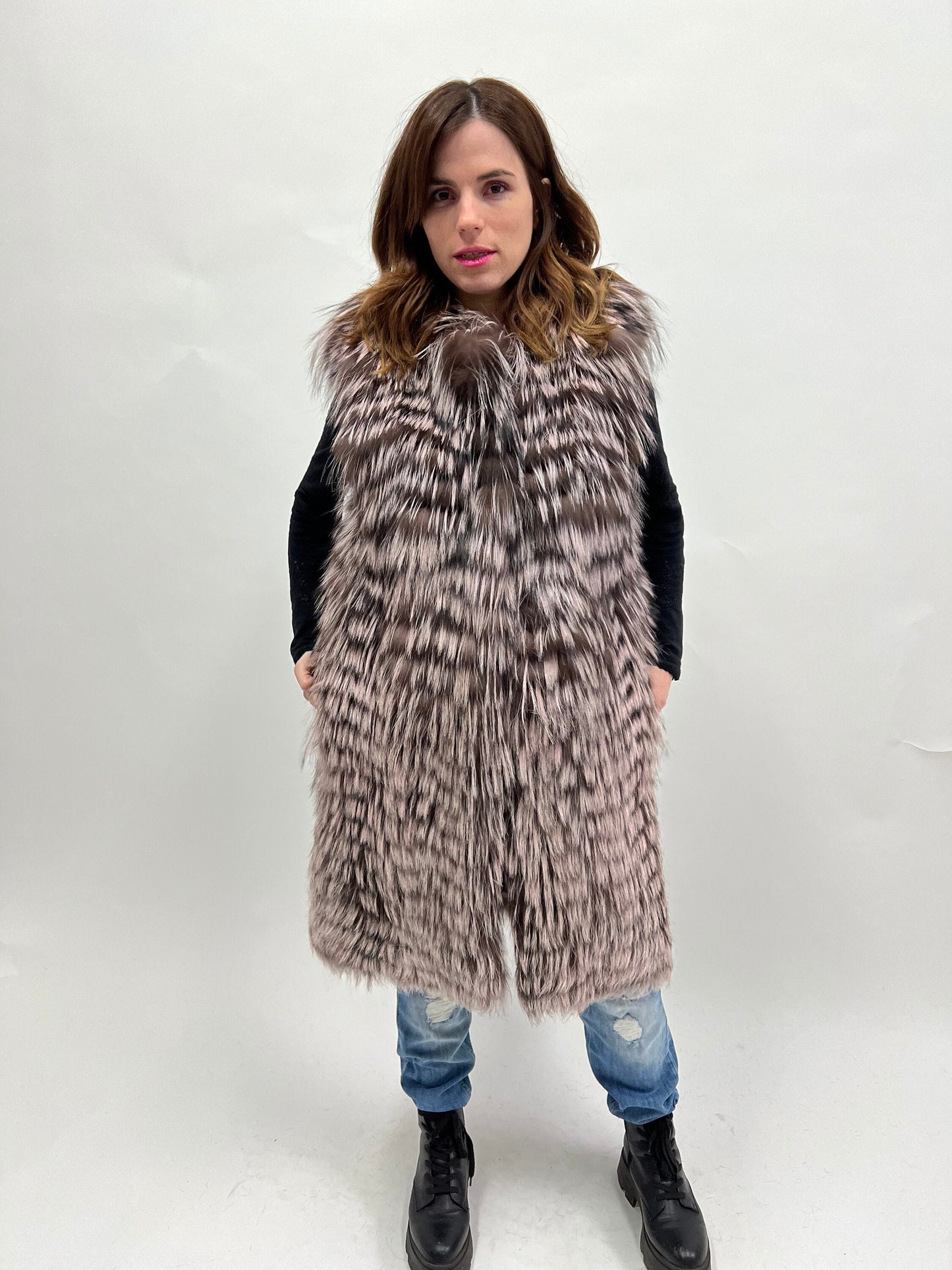 Pink Pastel Fox Fur Vest: Luxury Long Coat, Size Small
