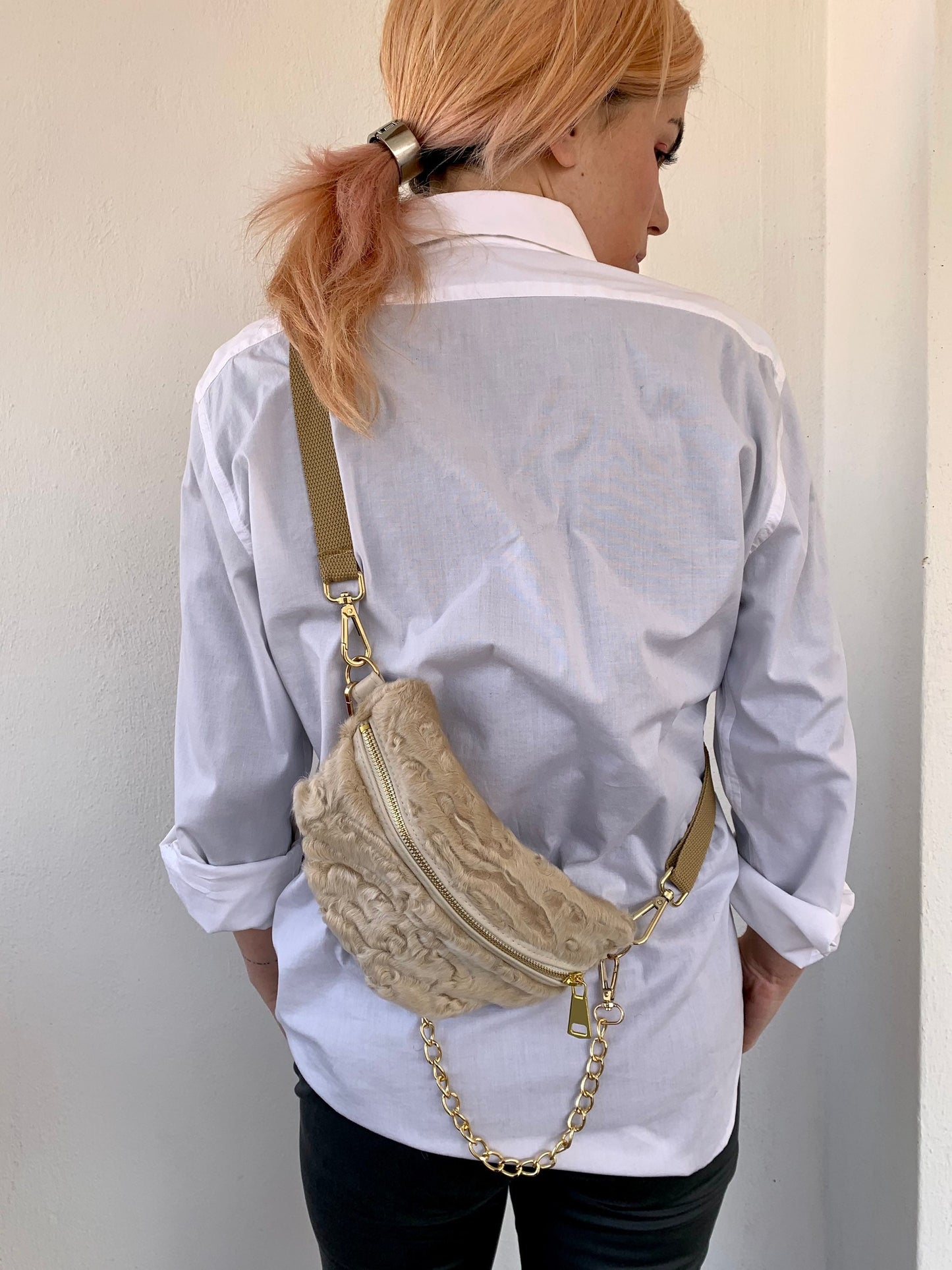 Beige Swakara Fur Bumbag with Chain: Luxury Waist Bag