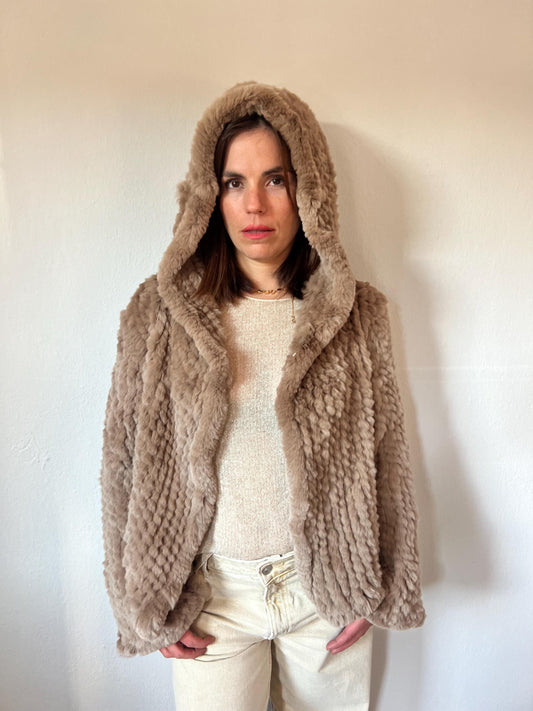 Handwoven Taupe Rabbit Fur Hooded Jacket - Frogs Closure