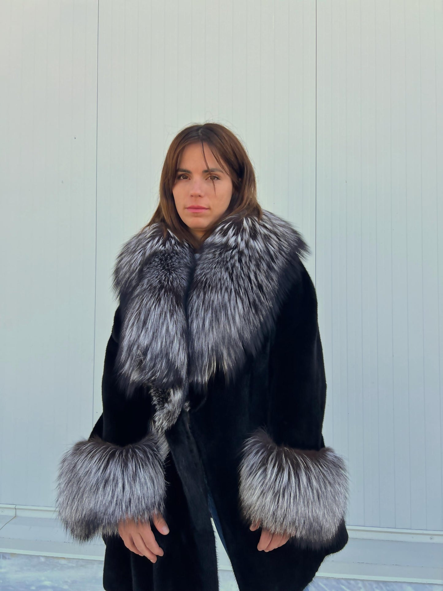 Blackglama Mink Fur Stroller Coat: Silver Fox Collar & Cuffs, Handmade Luxury Jacket (Large)
