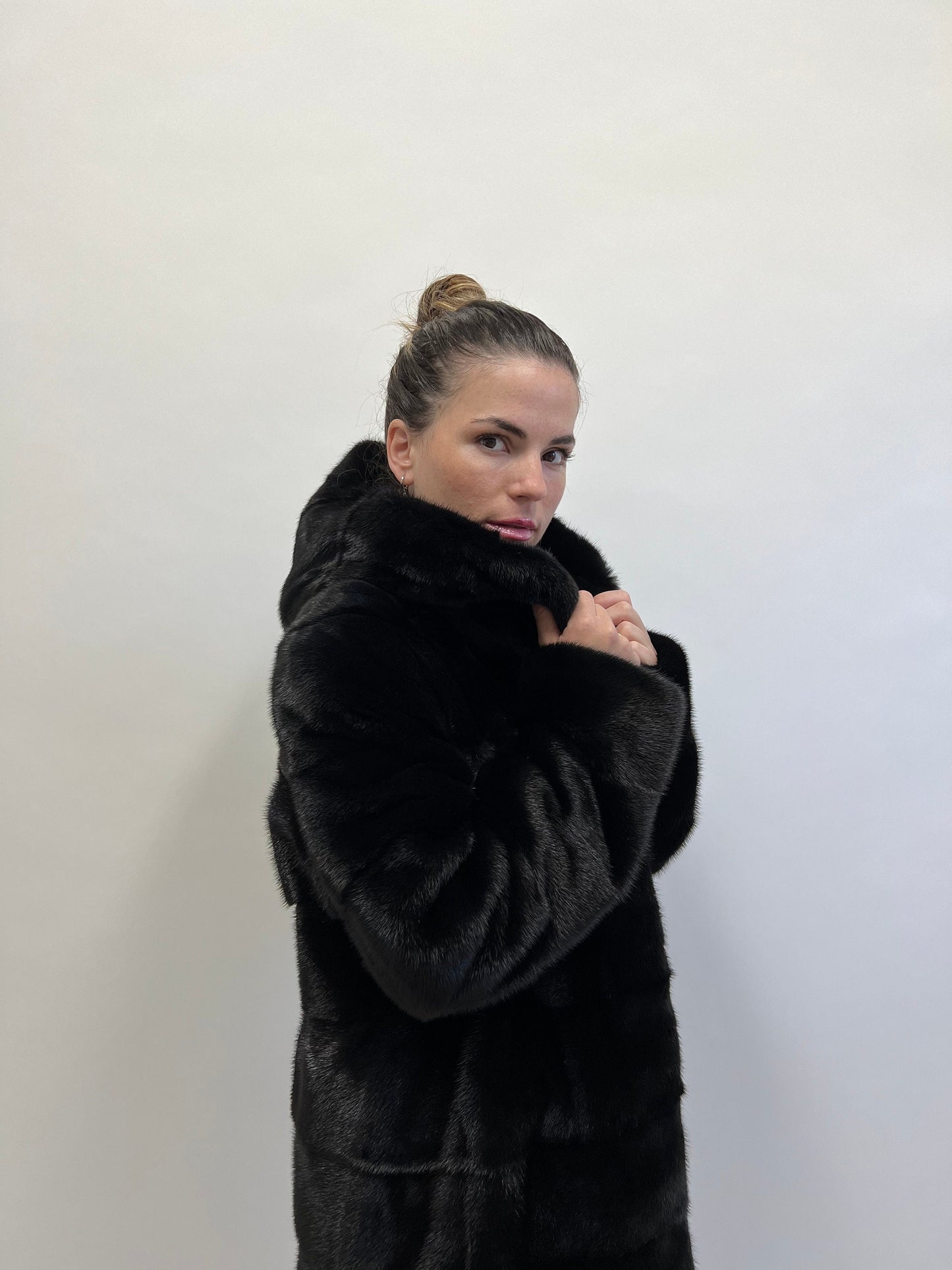 Real Mink Fur Hooded Coat: Black Full Skin Jacket