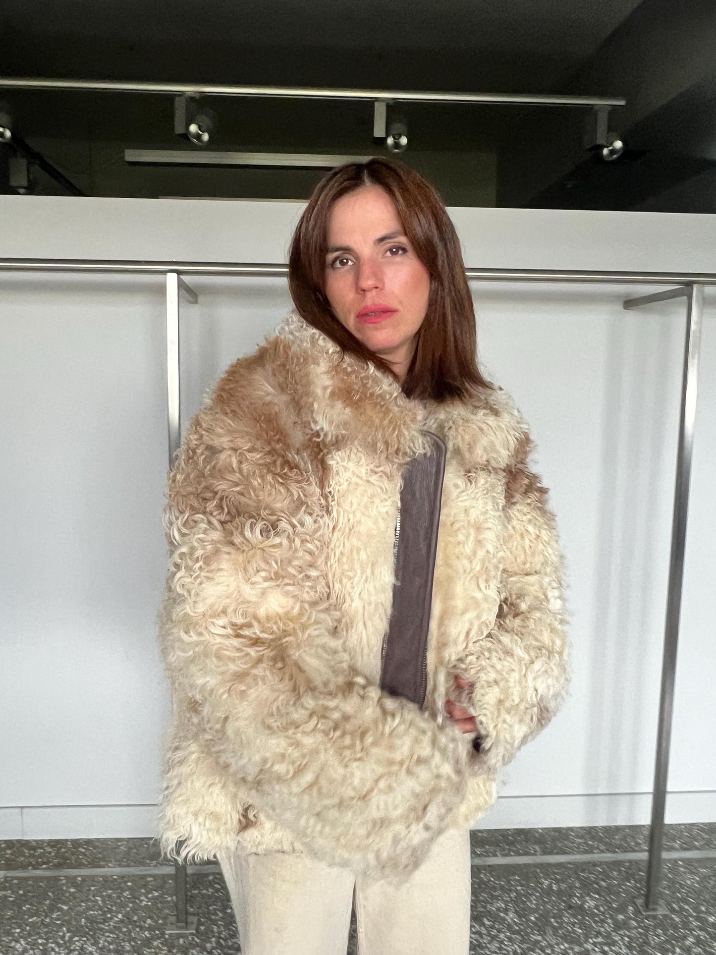 Handmade Shearling Fur Jacket: White & Beige, Taupe Leather, Zip Up
